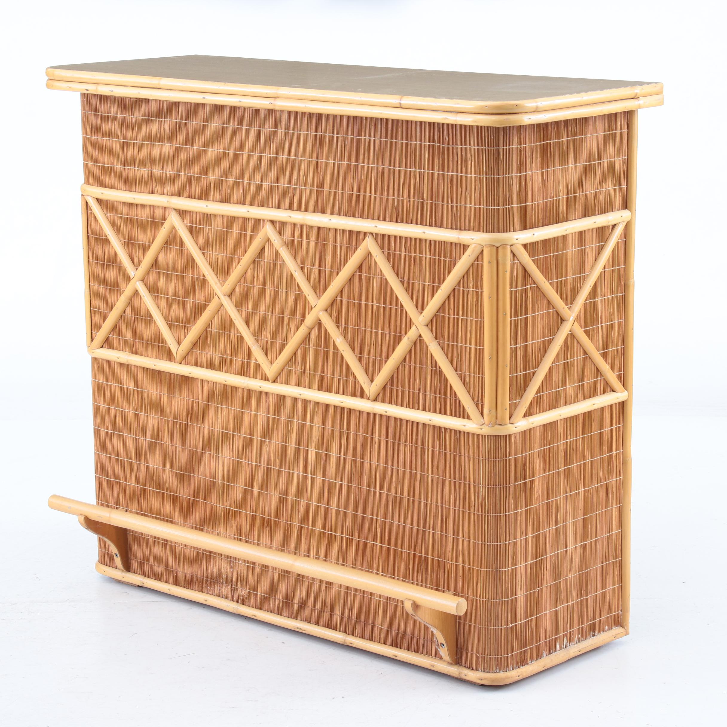 Contemporary Bamboo and Rattan Bar with Two Stools