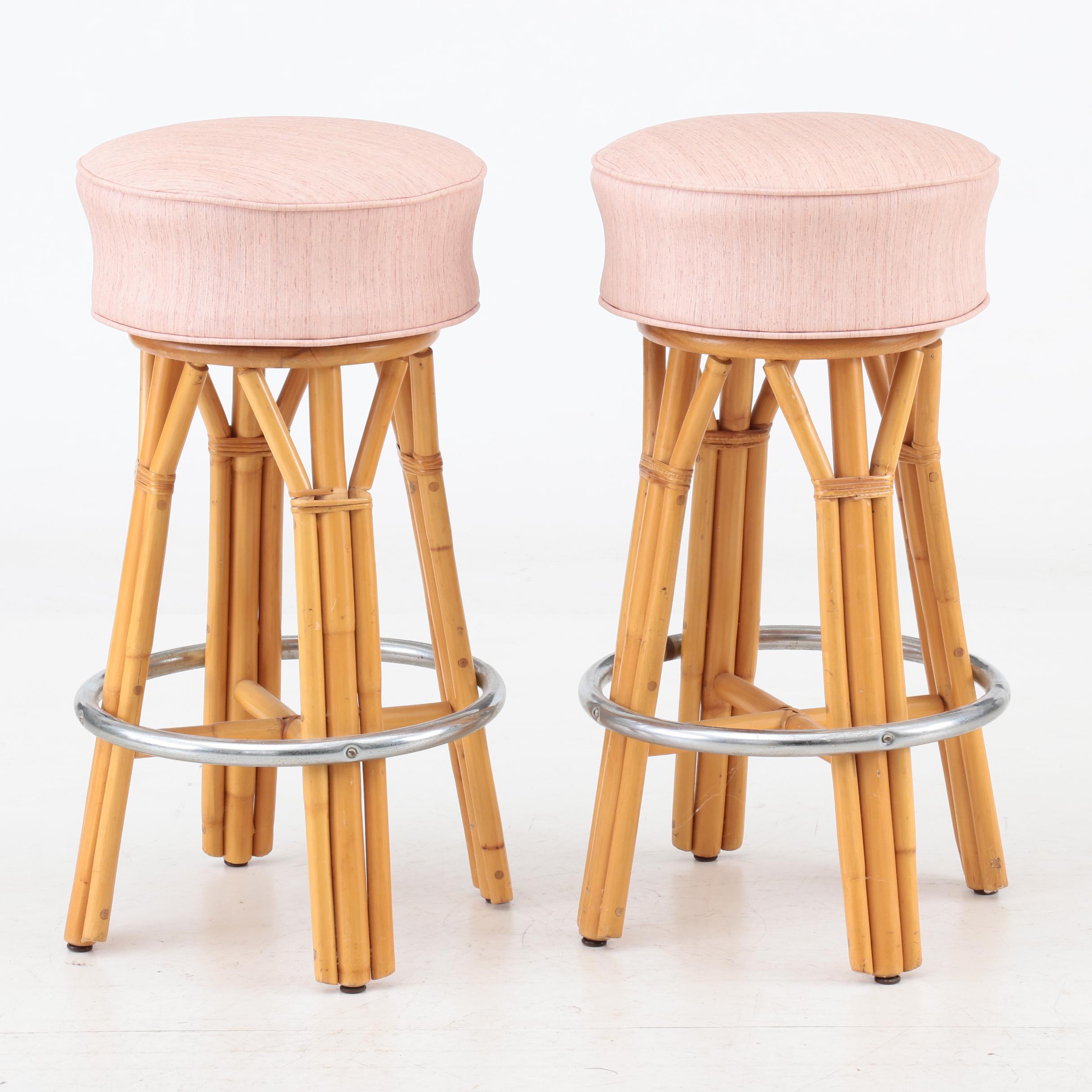 Contemporary Bamboo and Rattan Bar with Two Stools