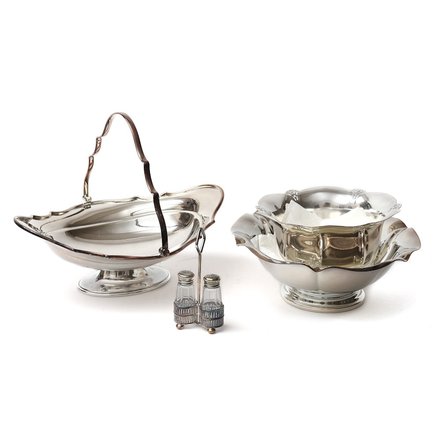 Silver Plate Basket, Salt and Pepper Set and Bowls