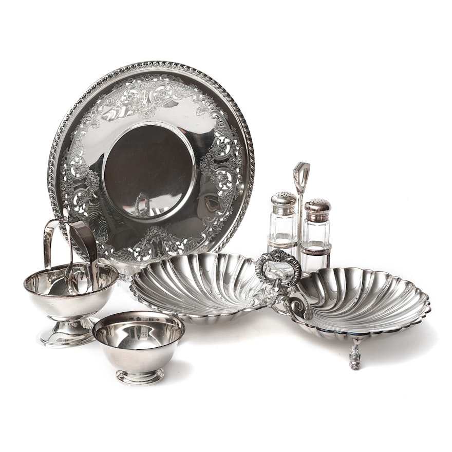 Silver Plate Tray, Shell Bowl, Salt and Pepper Set and More