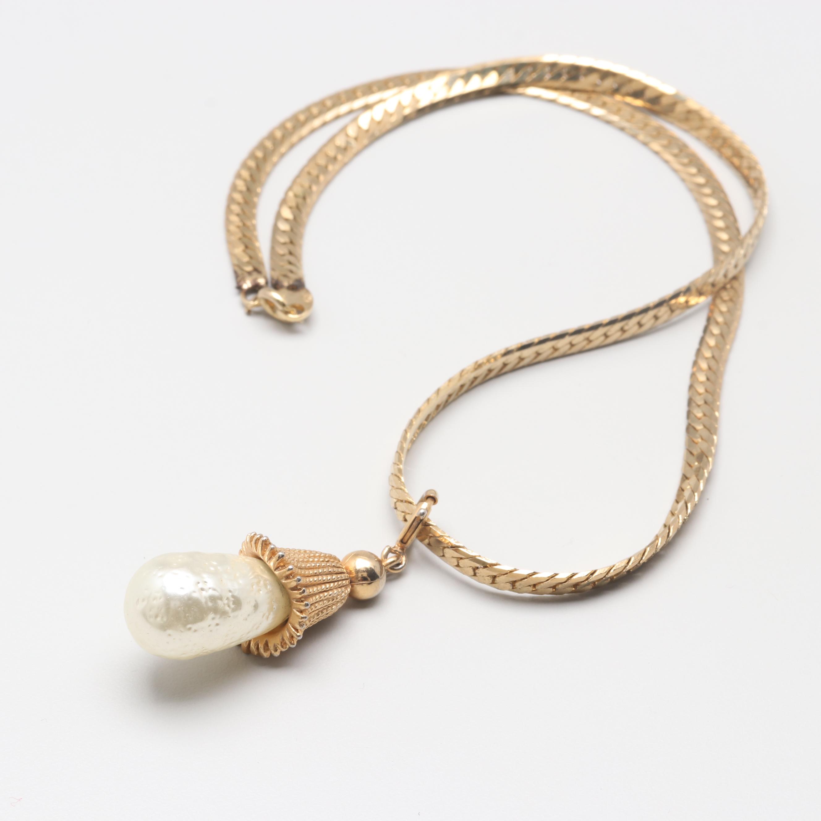 14K Gold Filled Imitation Pearl Drop Pendant Necklace