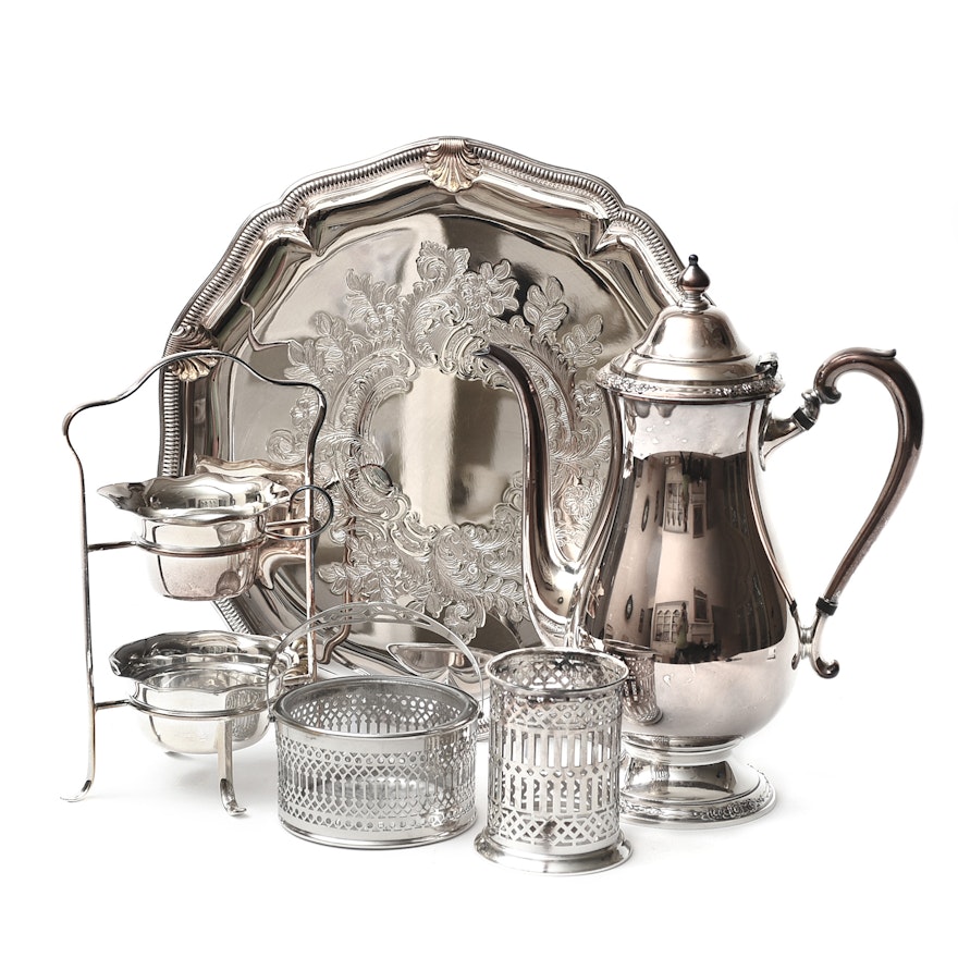 Silver Plate Tray, Condiment Stand and Bowls, Wine Coaster and Coffee Pot