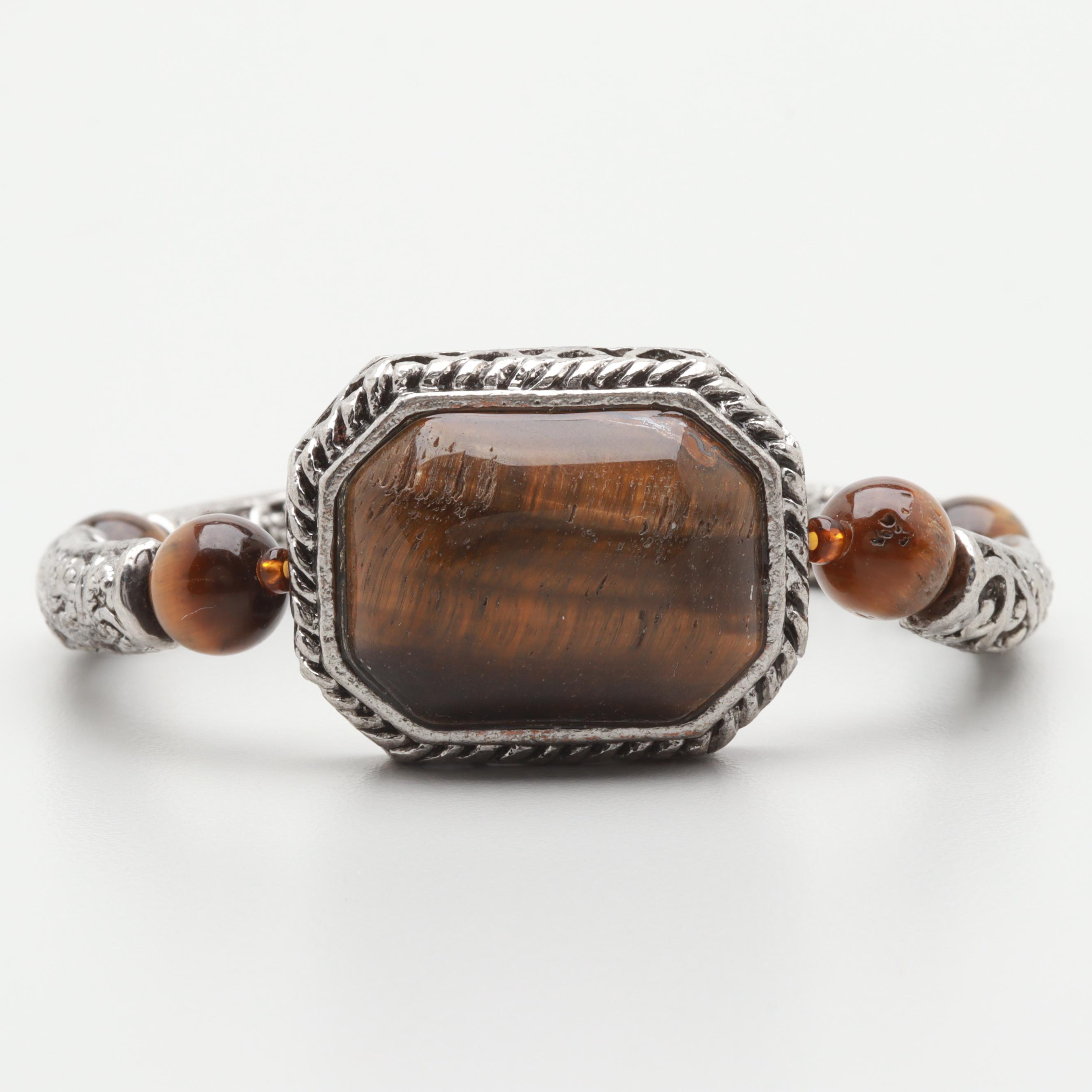 Silver Tone Tiger's Eye Heart and Foliate Linked Bracelet
