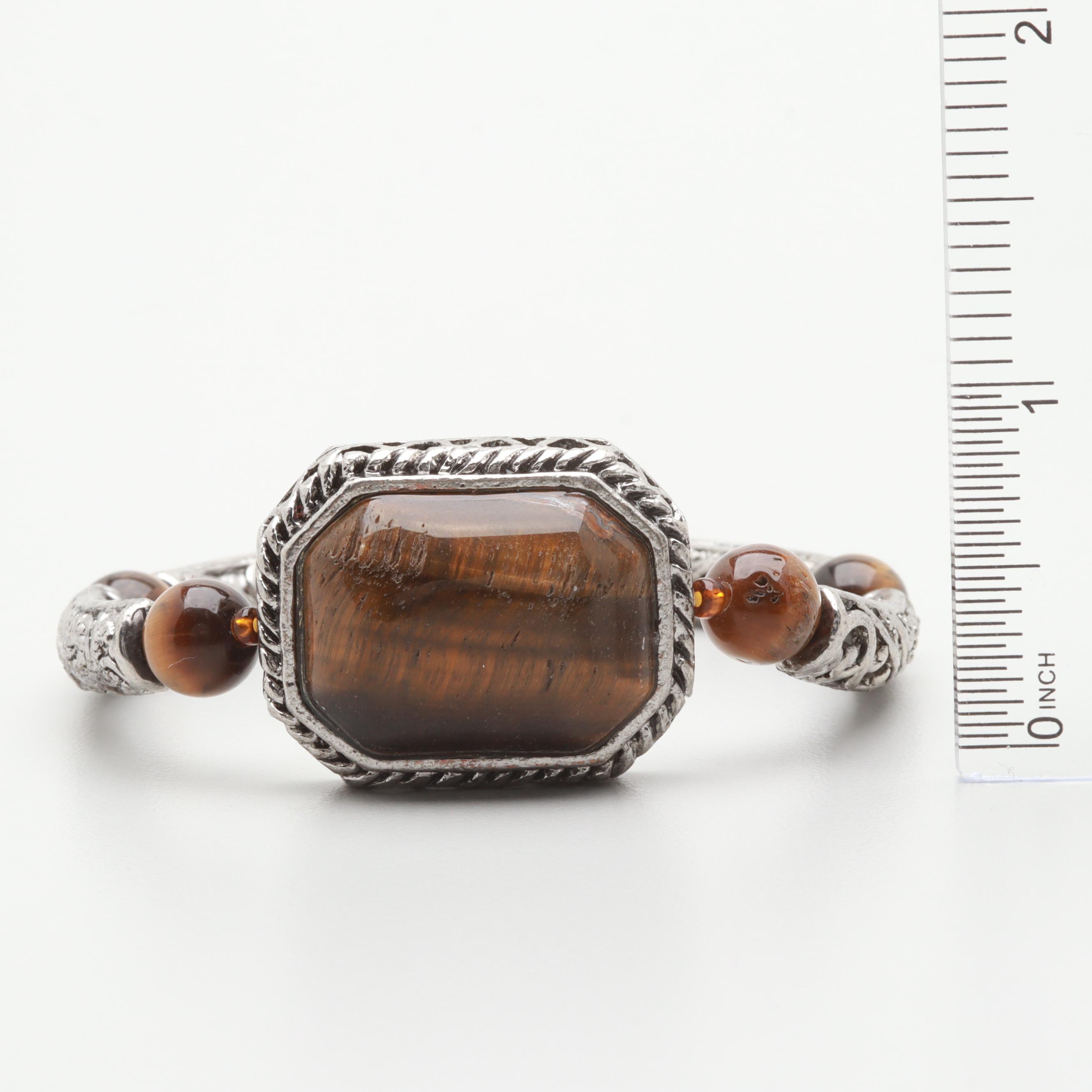 Silver Tone Tiger's Eye Heart and Foliate Linked Bracelet