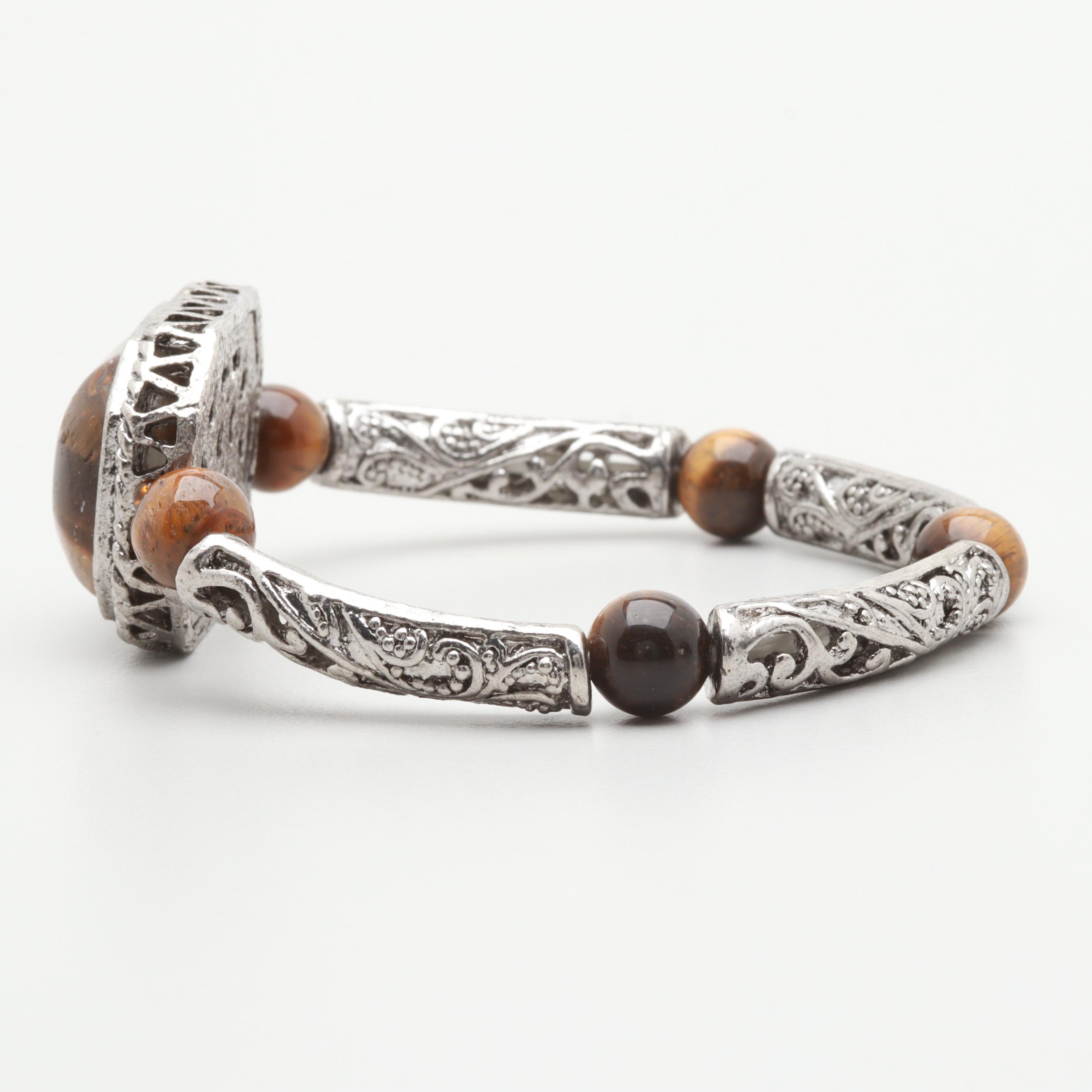 Silver Tone Tiger's Eye Heart and Foliate Linked Bracelet