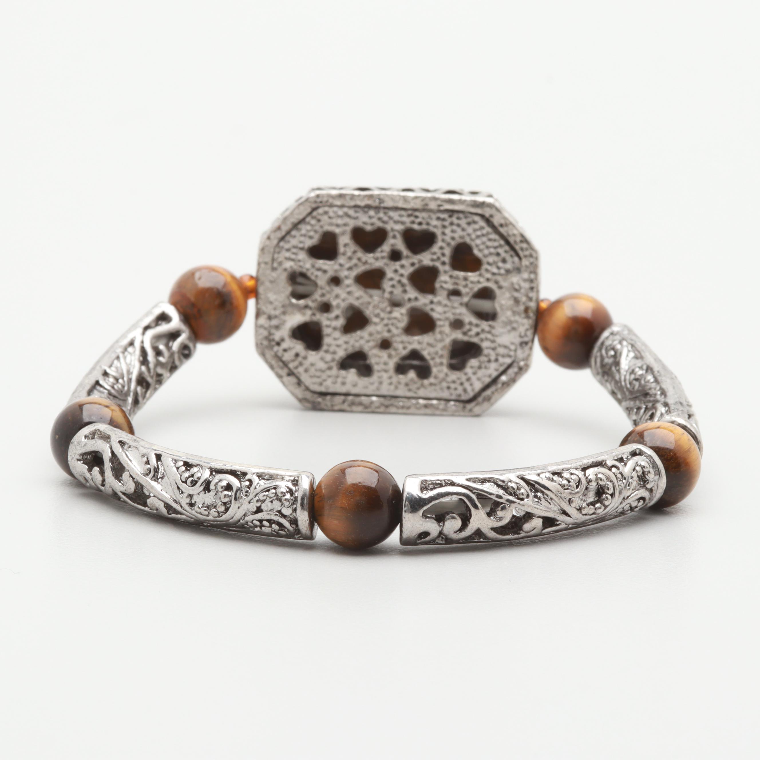 Silver Tone Tiger's Eye Heart and Foliate Linked Bracelet