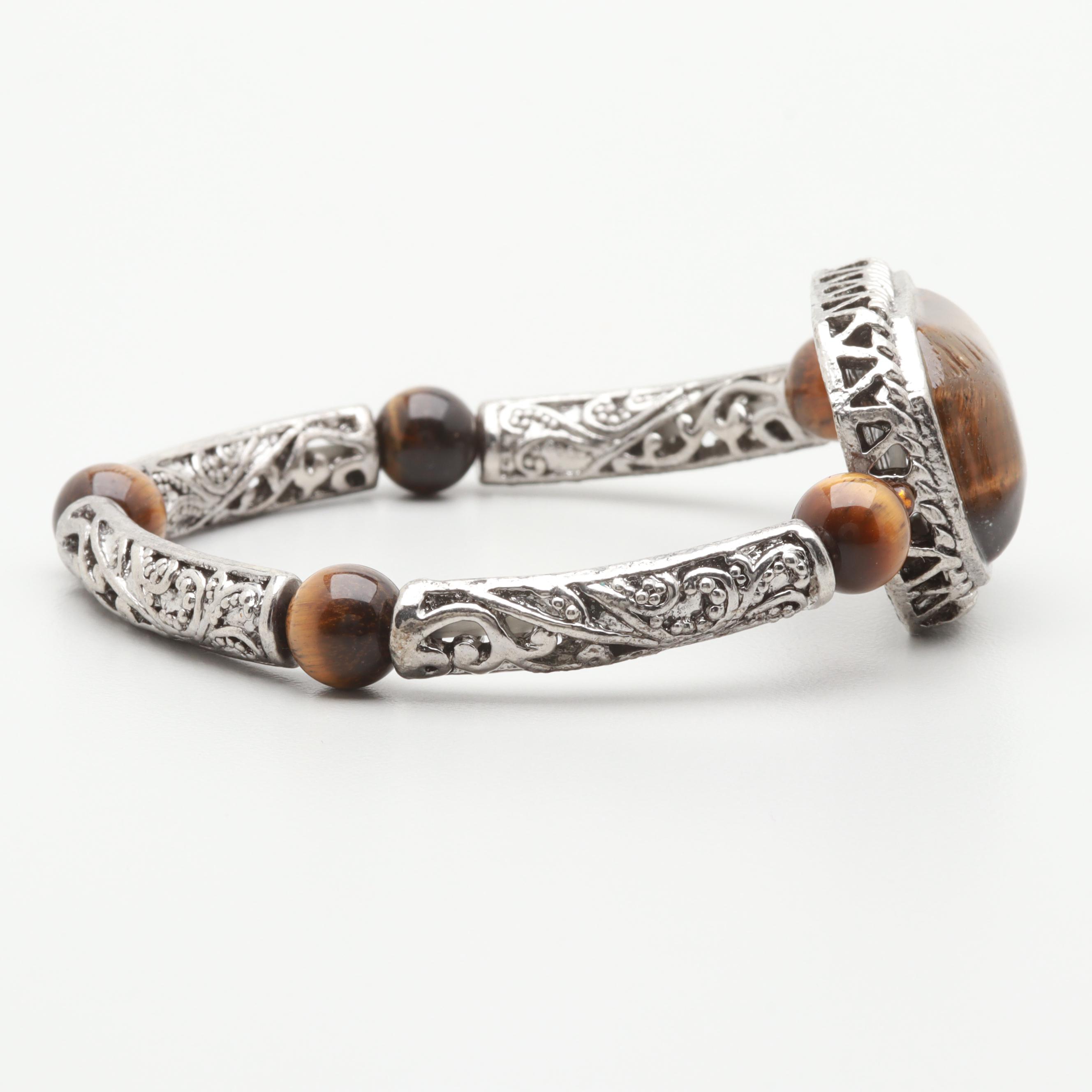 Silver Tone Tiger's Eye Heart and Foliate Linked Bracelet