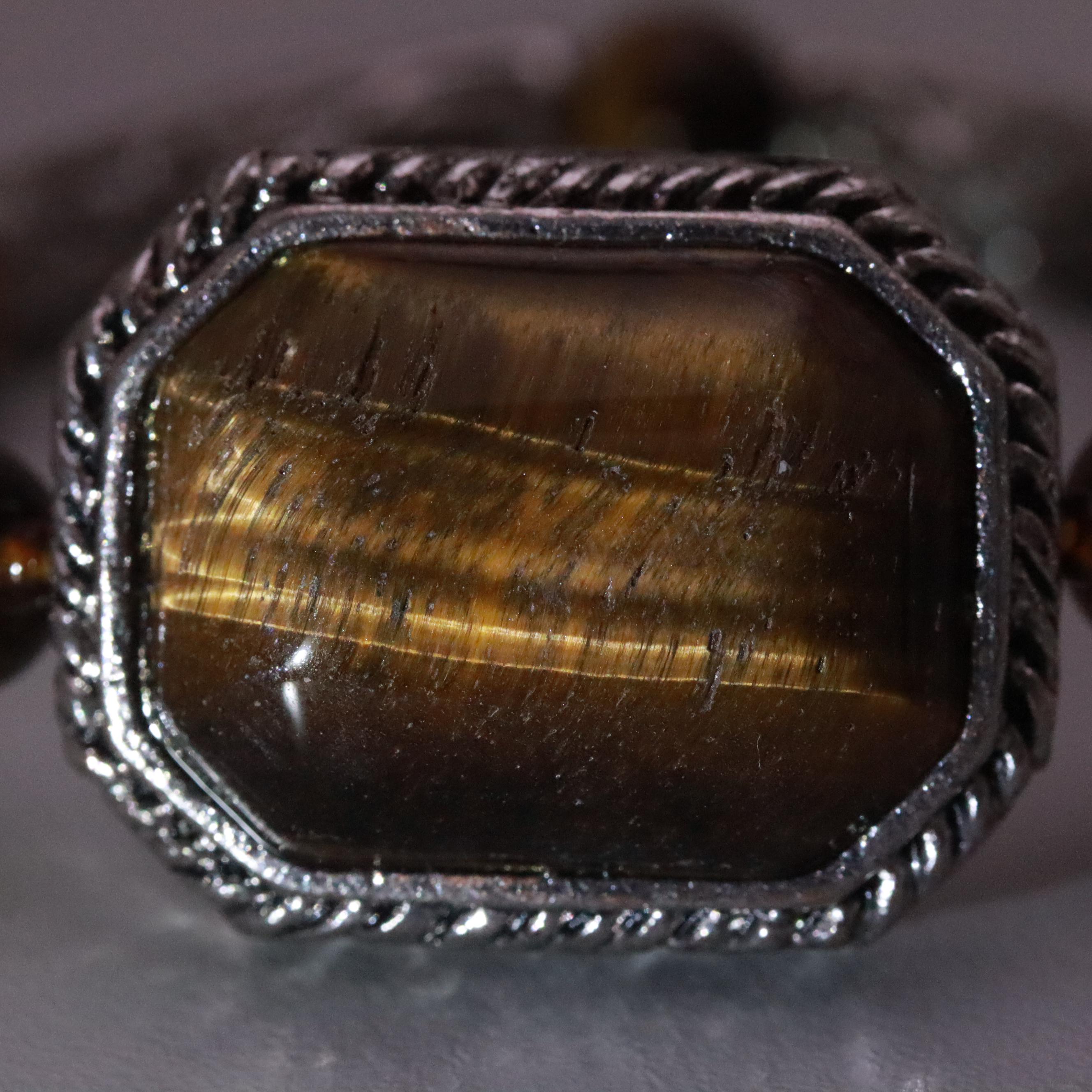 Silver Tone Tiger's Eye Heart and Foliate Linked Bracelet