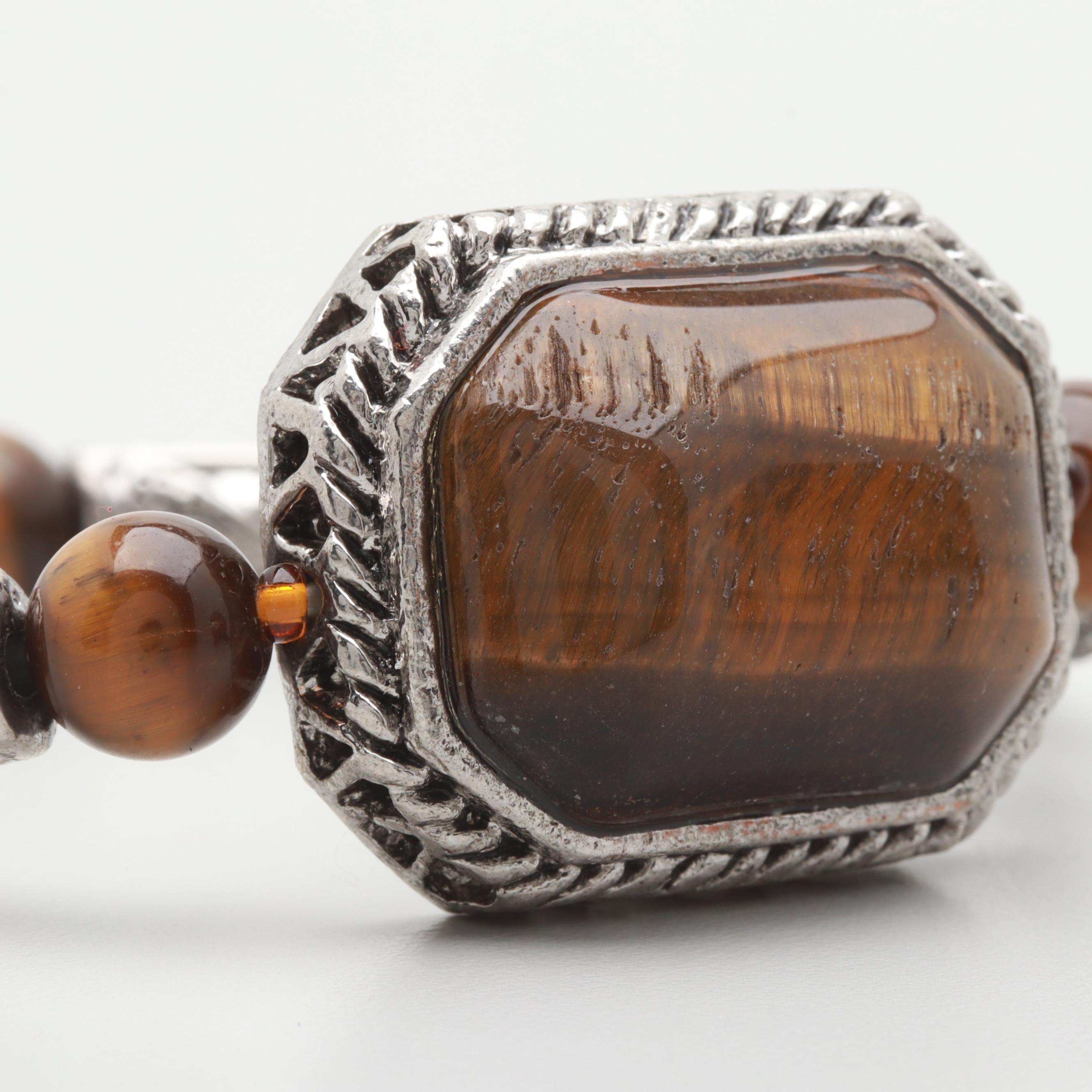 Silver Tone Tiger's Eye Heart and Foliate Linked Bracelet