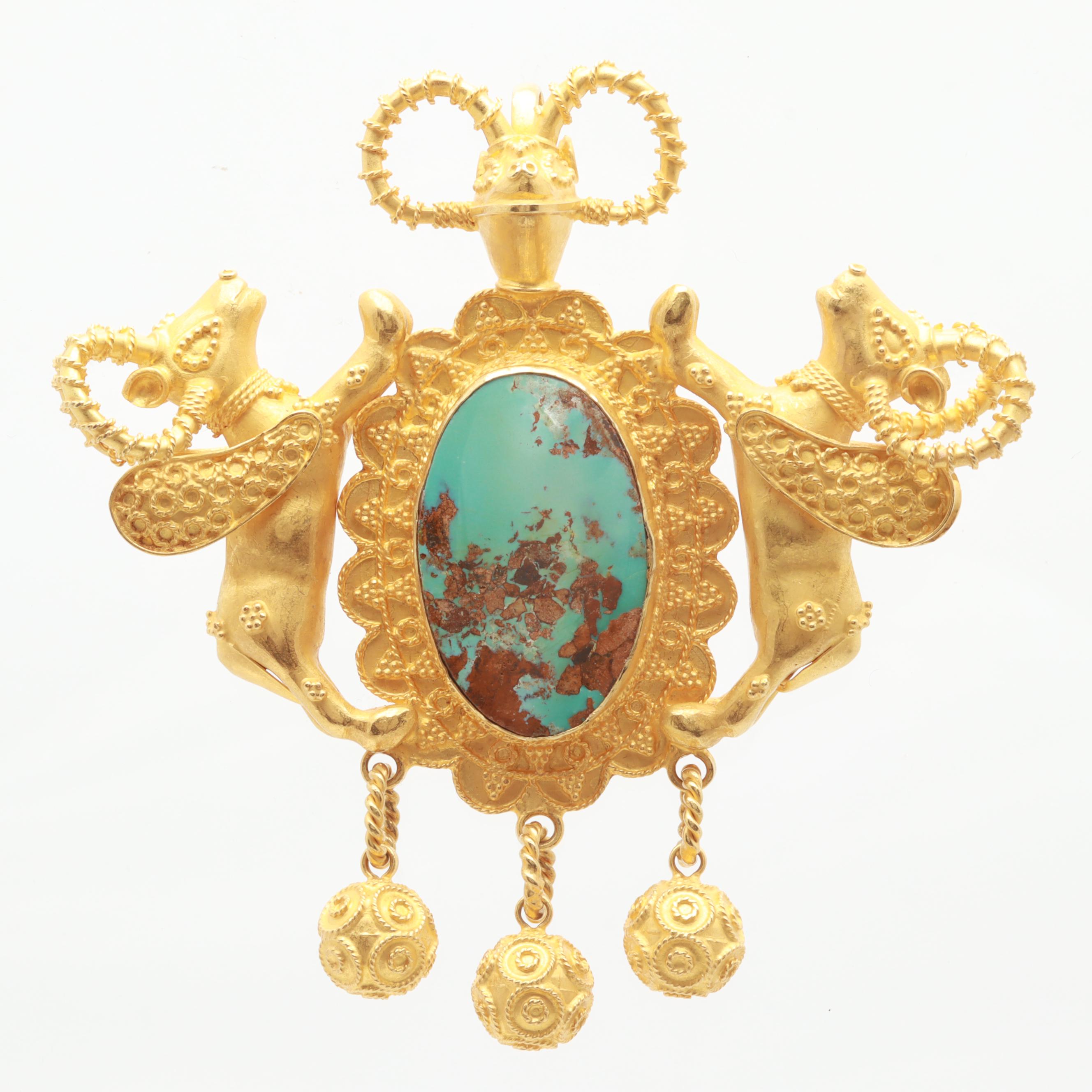 Etruscan Revival 18K Yellow Gold and Turquoise Double Winged Ram Pendant