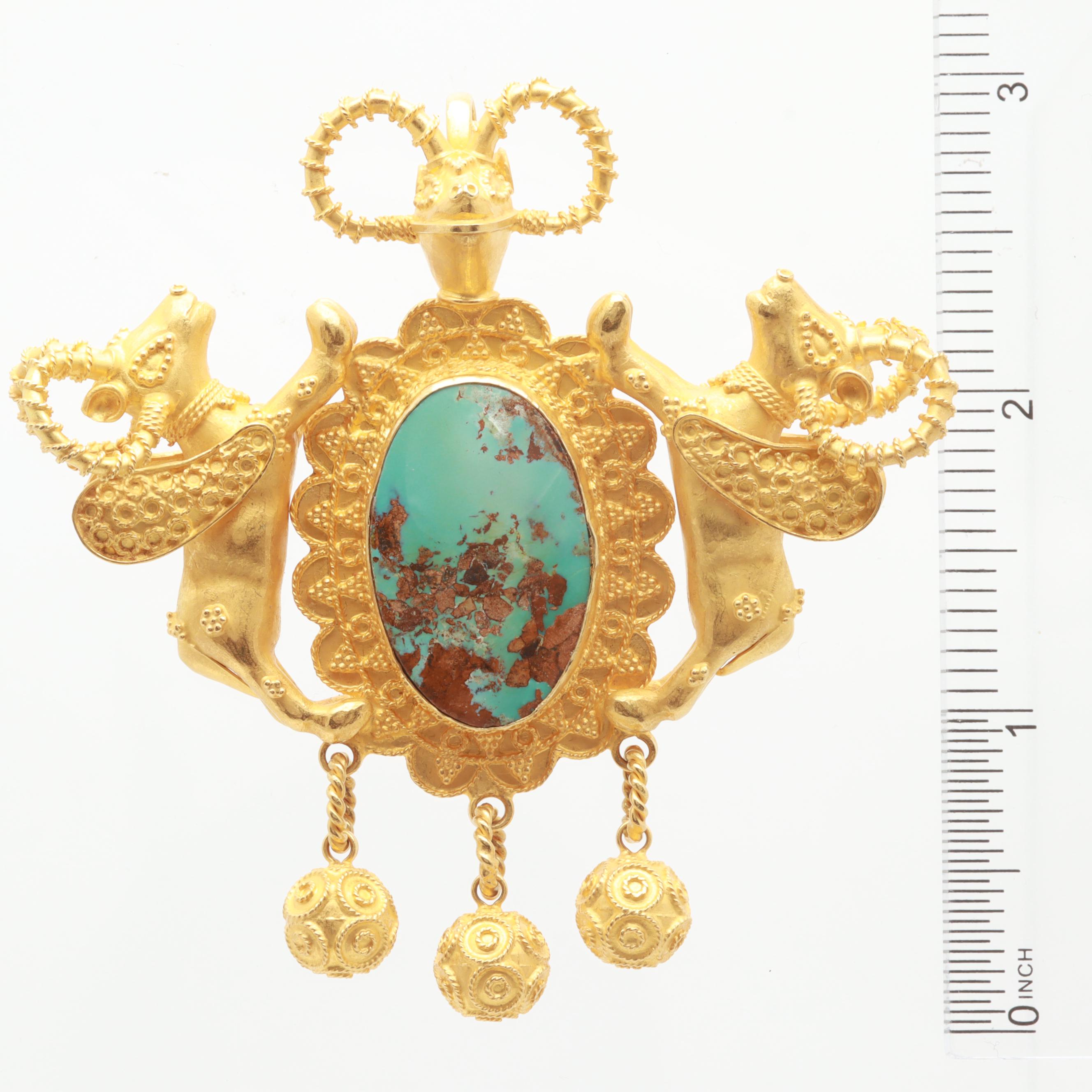 Etruscan Revival 18K Yellow Gold and Turquoise Double Winged Ram Pendant