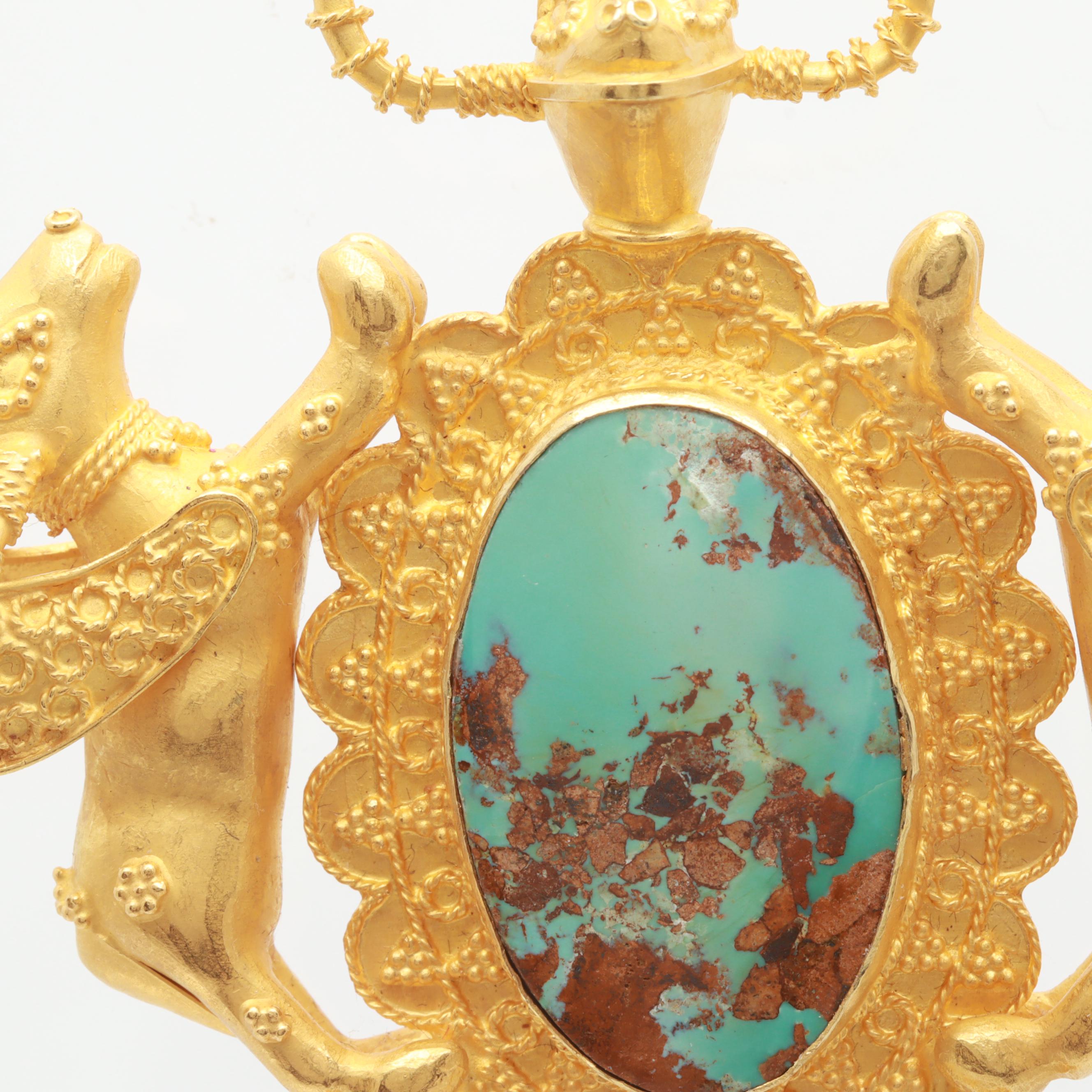 Etruscan Revival 18K Yellow Gold and Turquoise Double Winged Ram Pendant