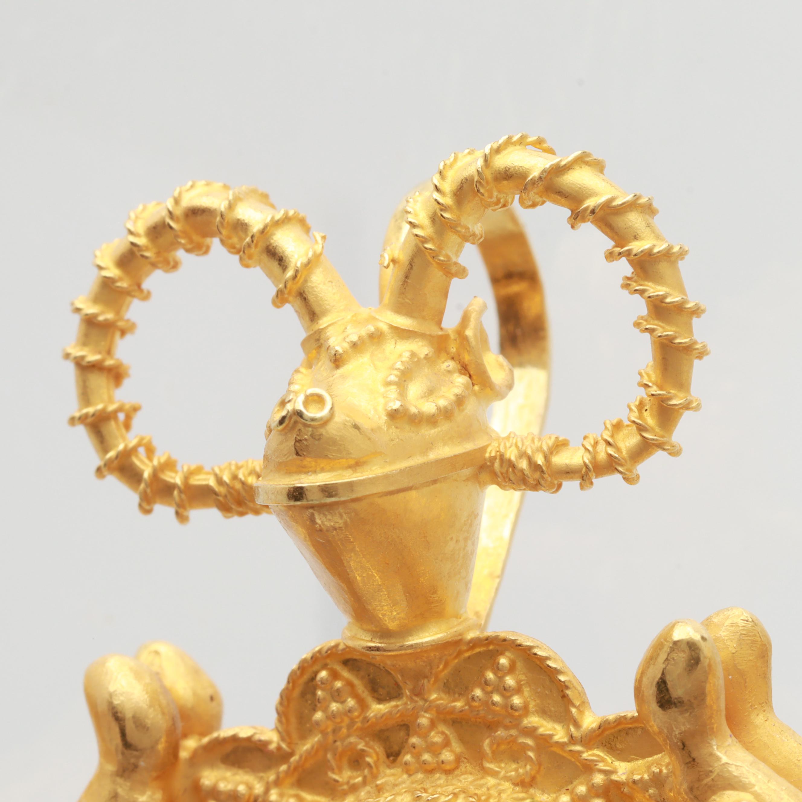 Etruscan Revival 18K Yellow Gold and Turquoise Double Winged Ram Pendant