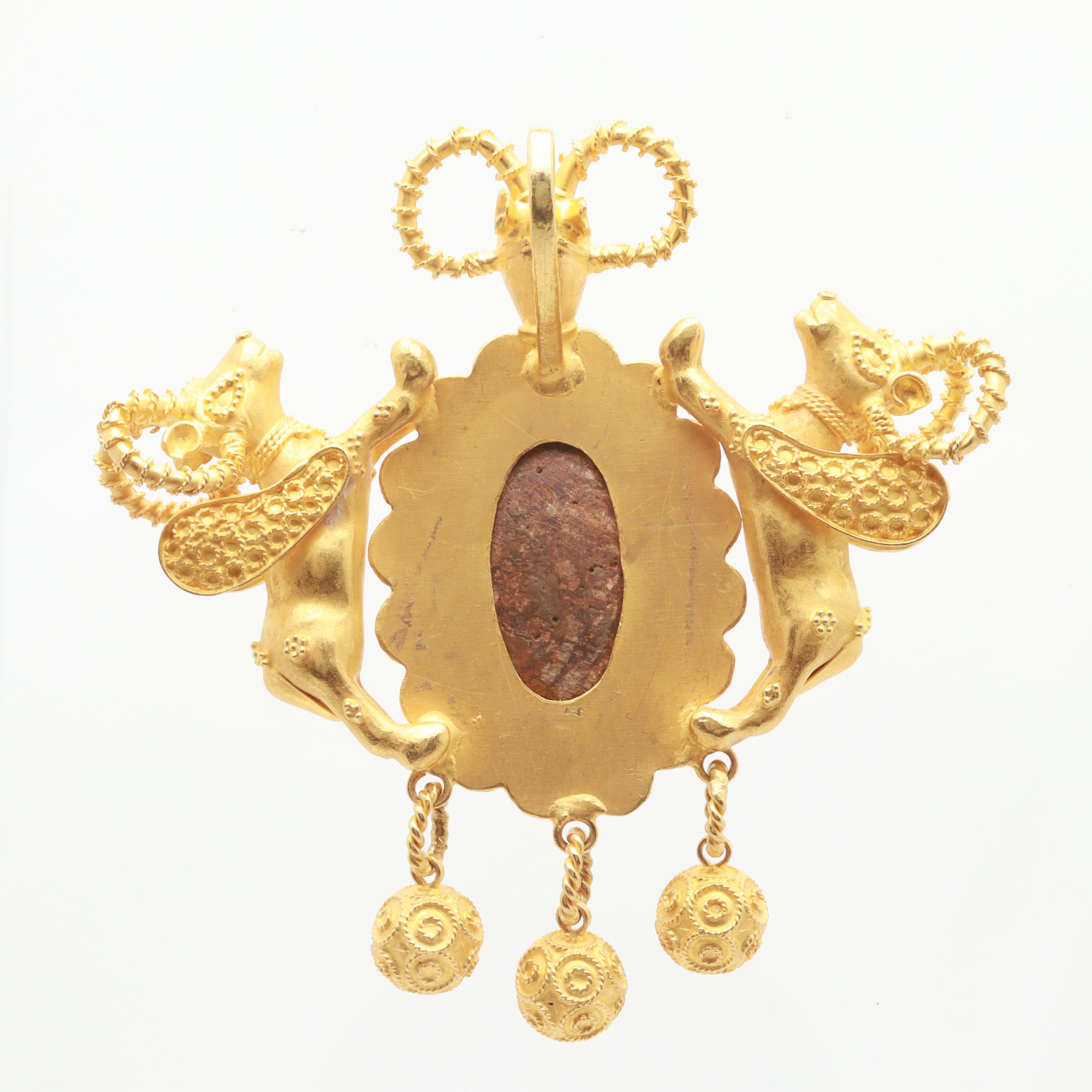 Etruscan Revival 18K Yellow Gold and Turquoise Double Winged Ram Pendant