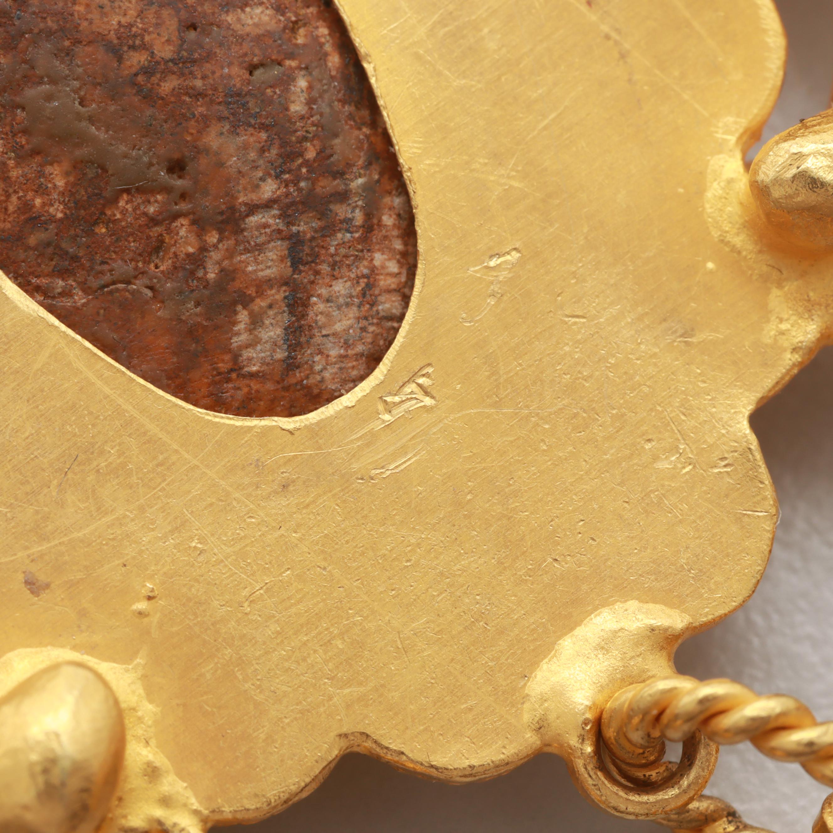 Etruscan Revival 18K Yellow Gold and Turquoise Double Winged Ram Pendant