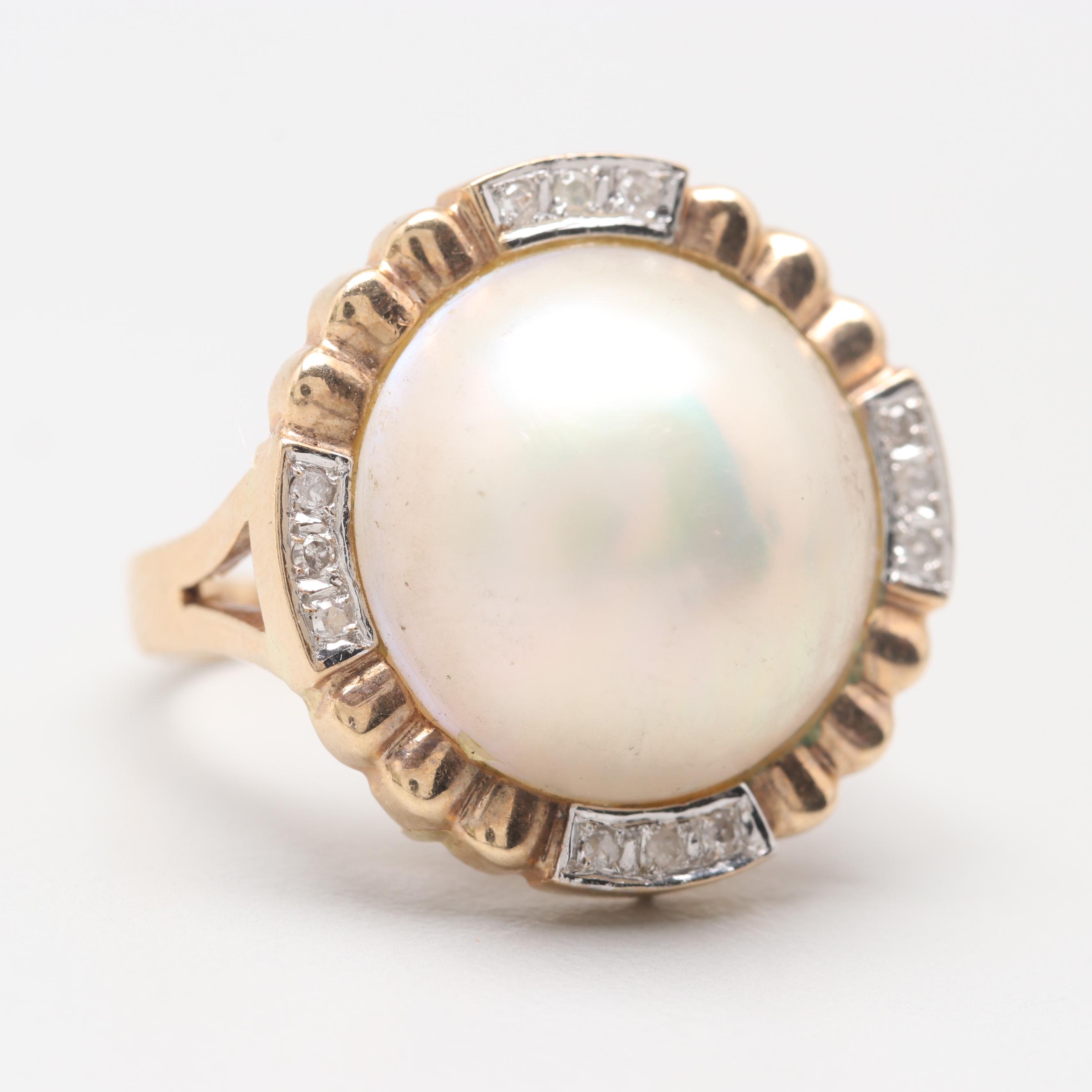 14K Yellow Gold Cultured Mabe Pearl and Diamond Ring