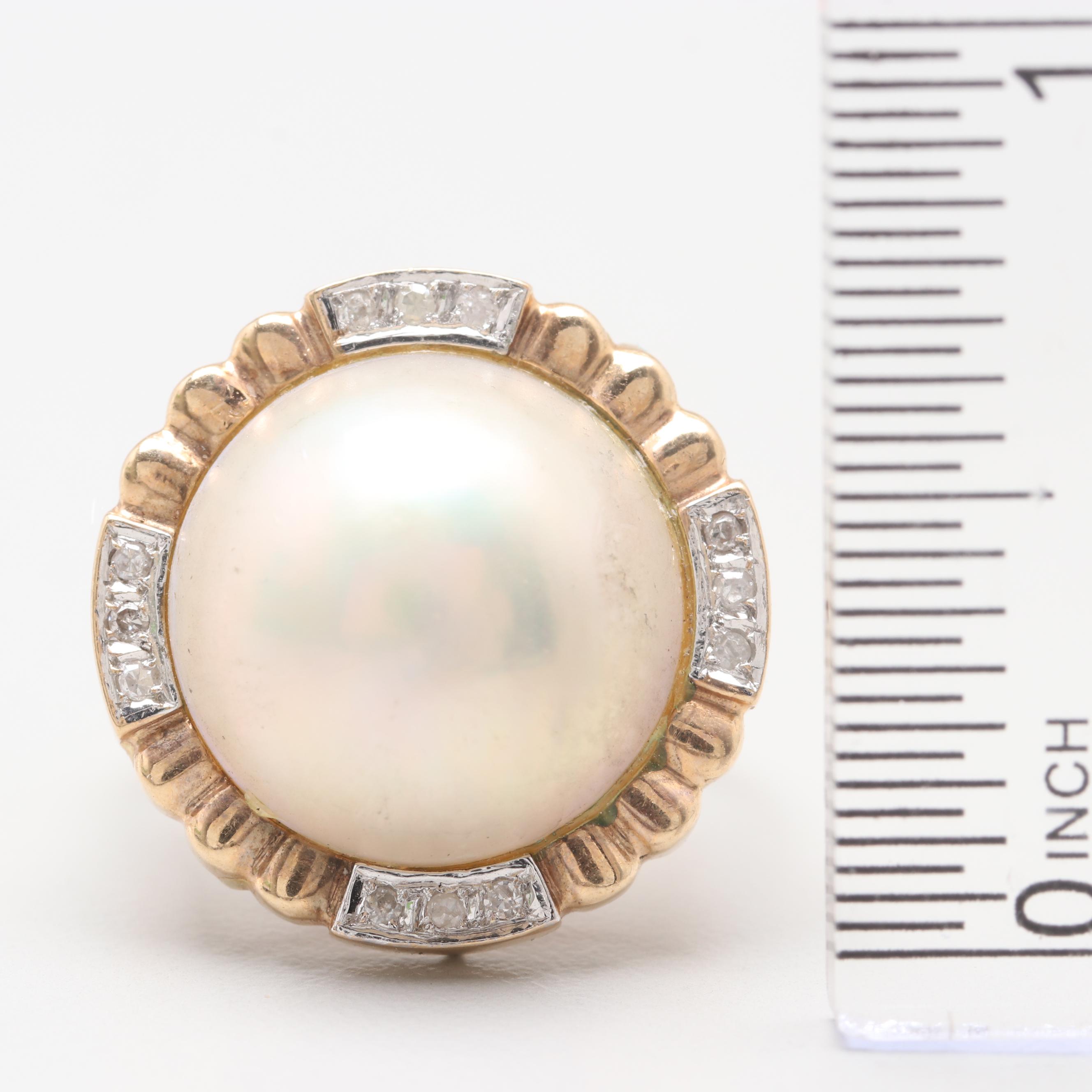 14K Yellow Gold Cultured Mabe Pearl and Diamond Ring