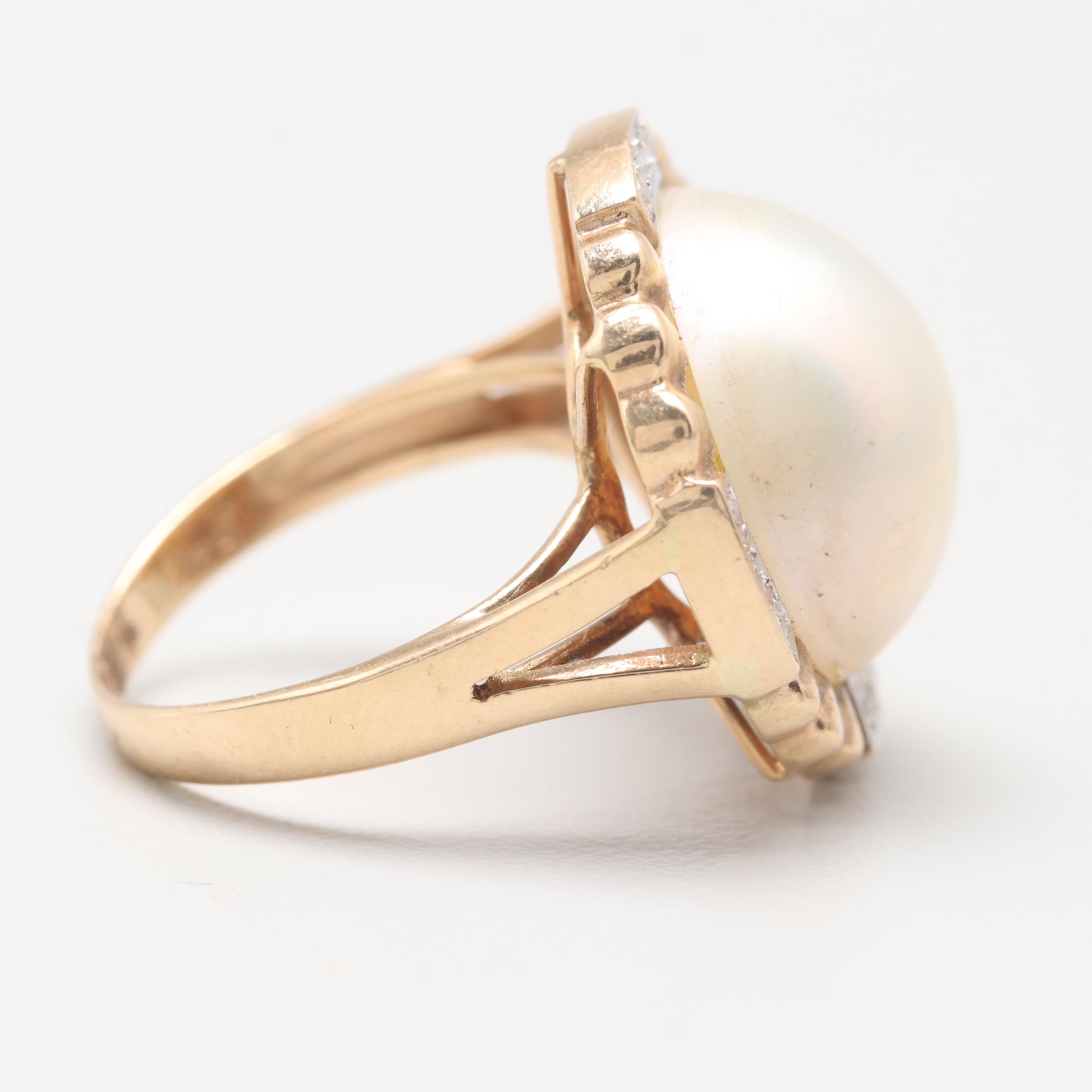 14K Yellow Gold Cultured Mabe Pearl and Diamond Ring