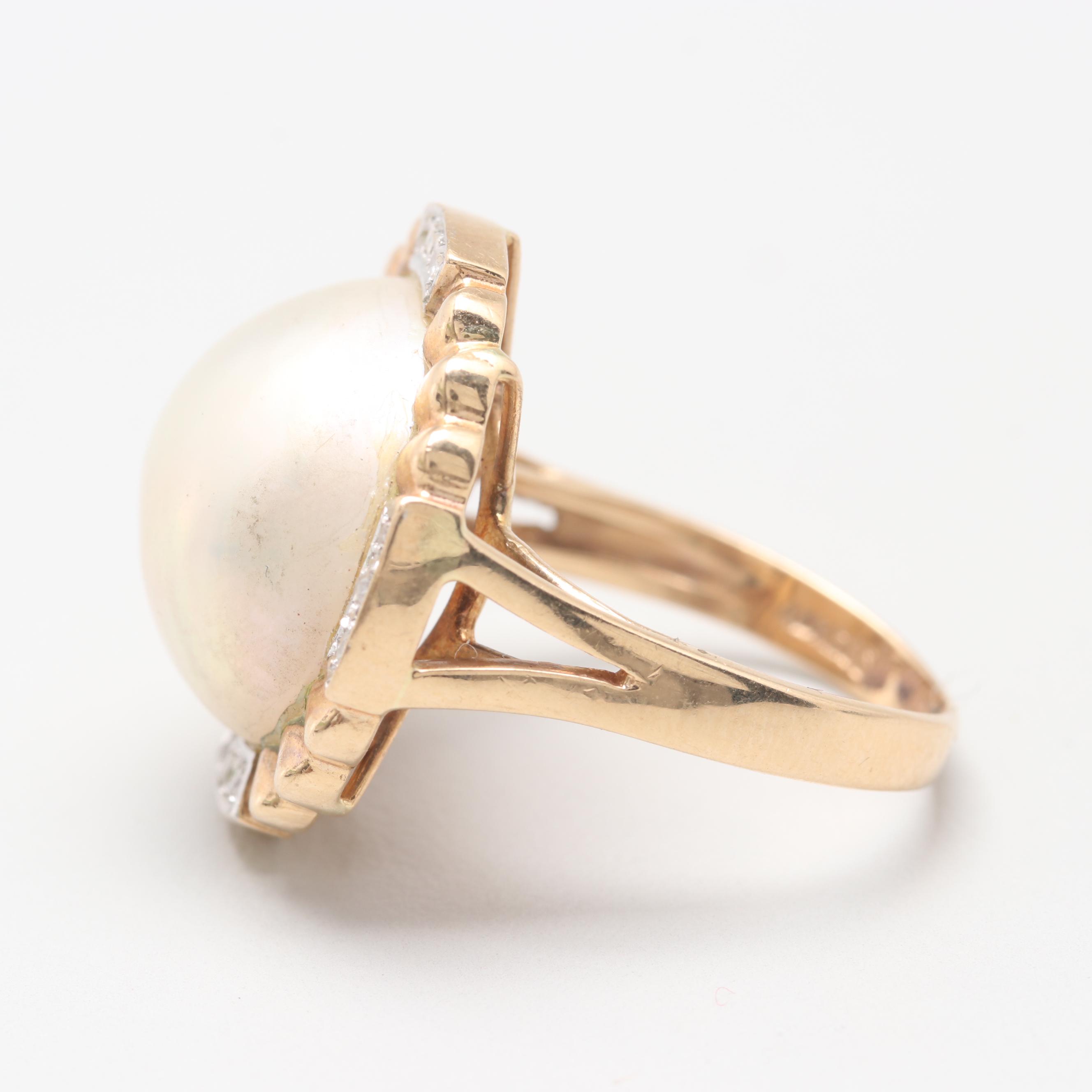 14K Yellow Gold Cultured Mabe Pearl and Diamond Ring