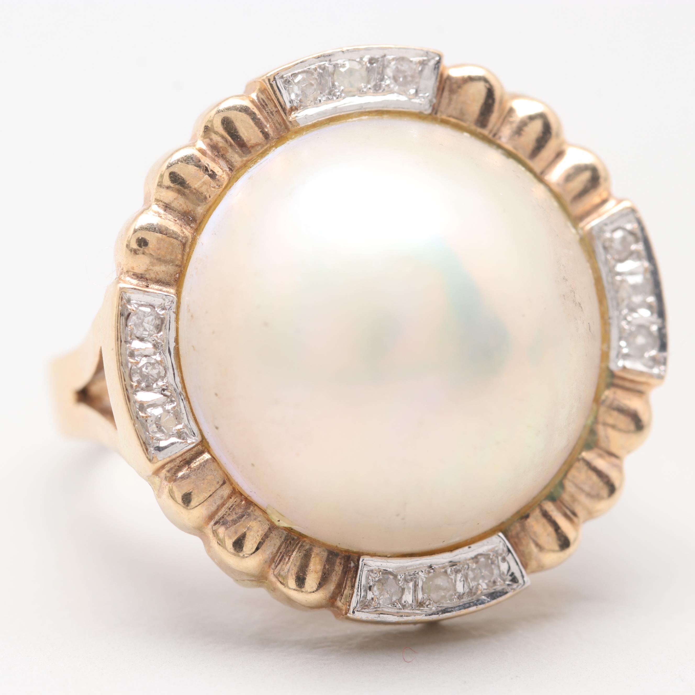 14K Yellow Gold Cultured Mabe Pearl and Diamond Ring