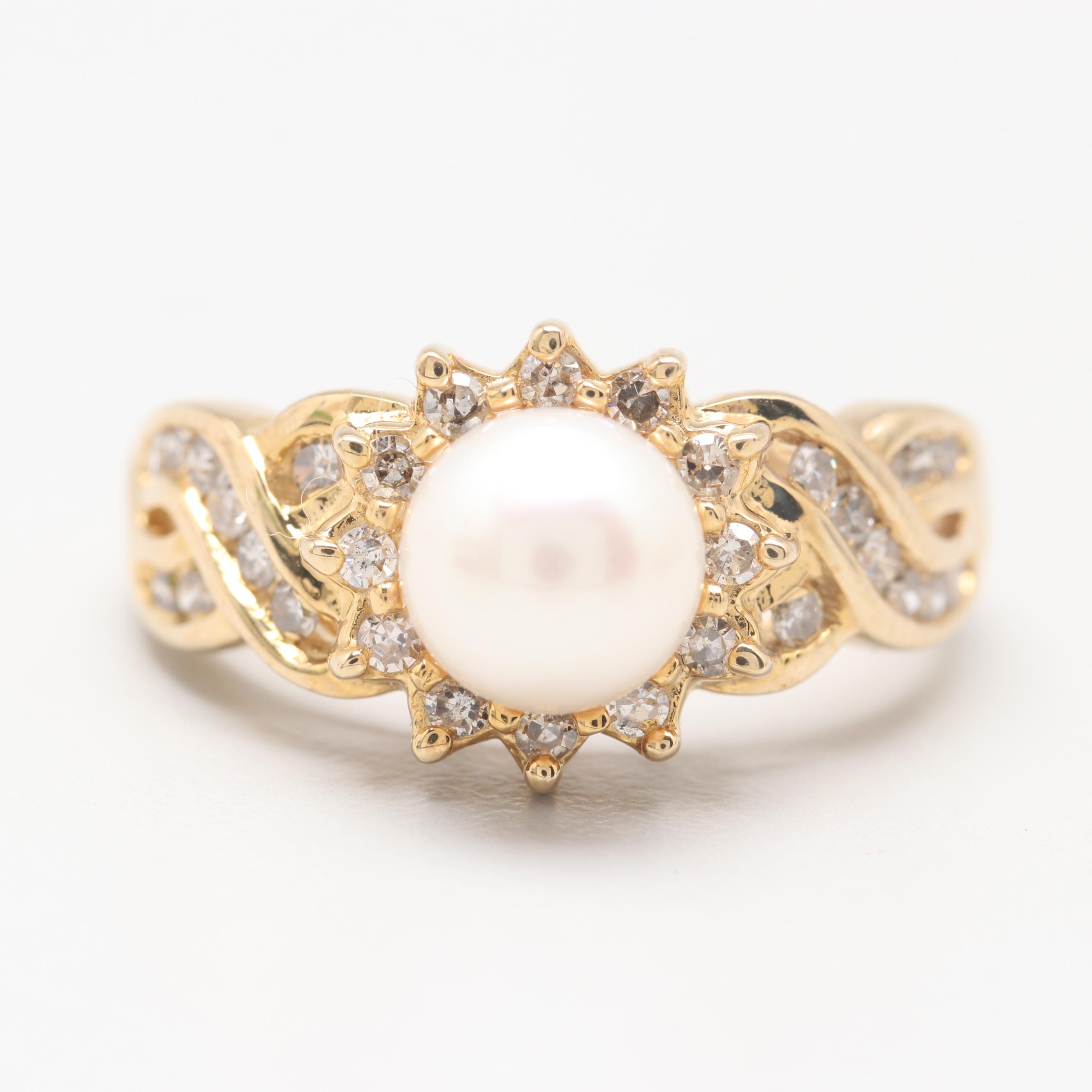 14K Yellow Gold Cultured Pearl and Diamond Ring