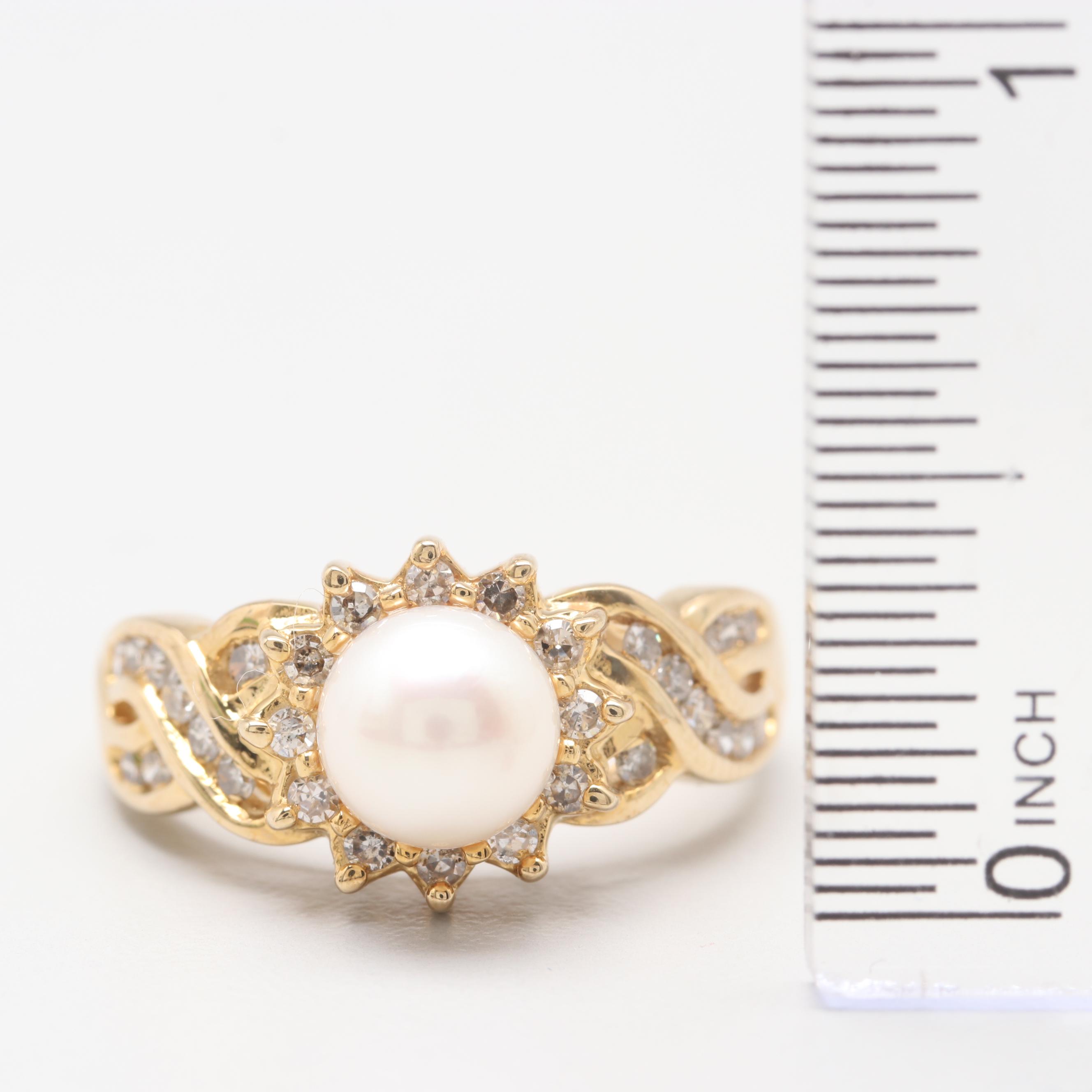 14K Yellow Gold Cultured Pearl and Diamond Ring
