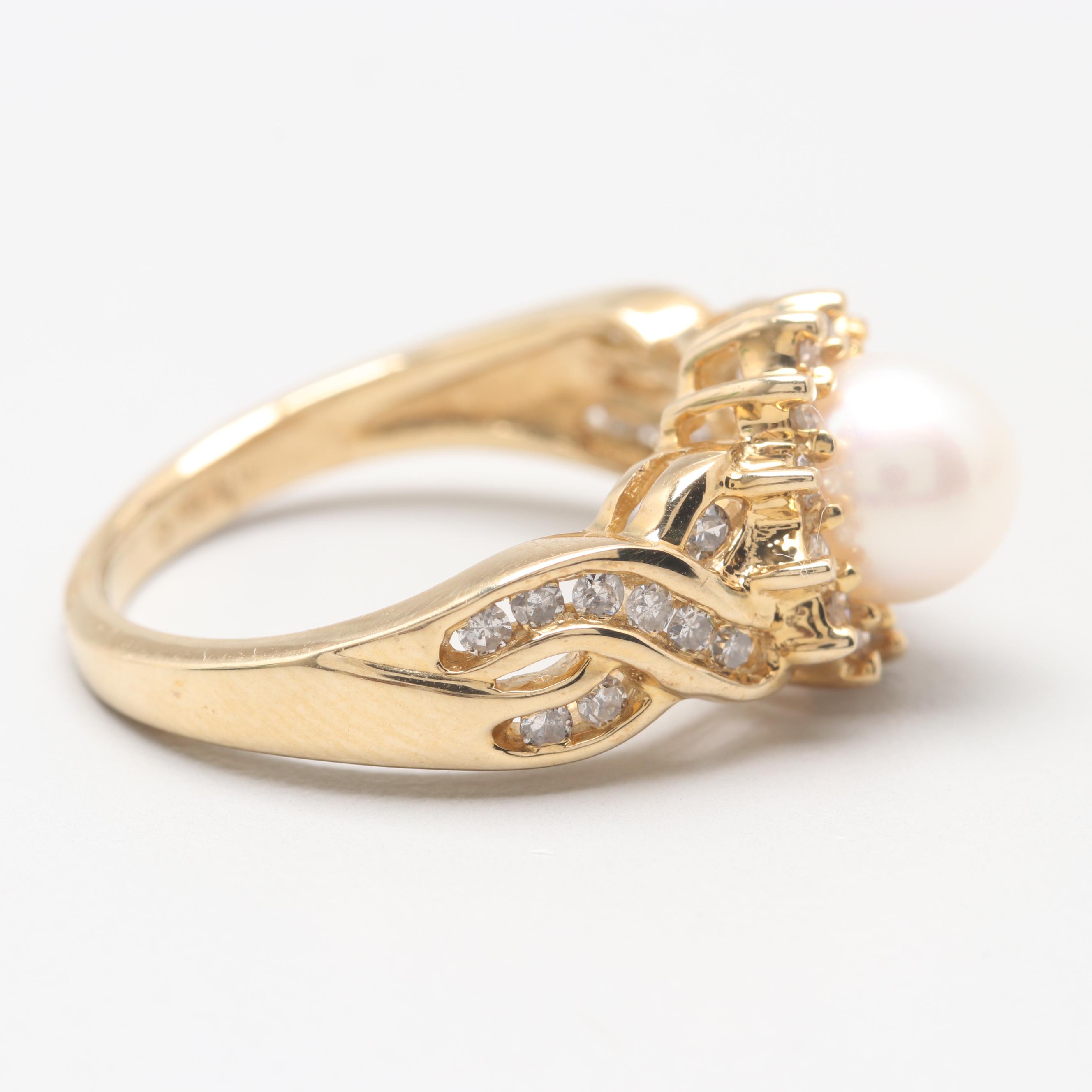 14K Yellow Gold Cultured Pearl and Diamond Ring