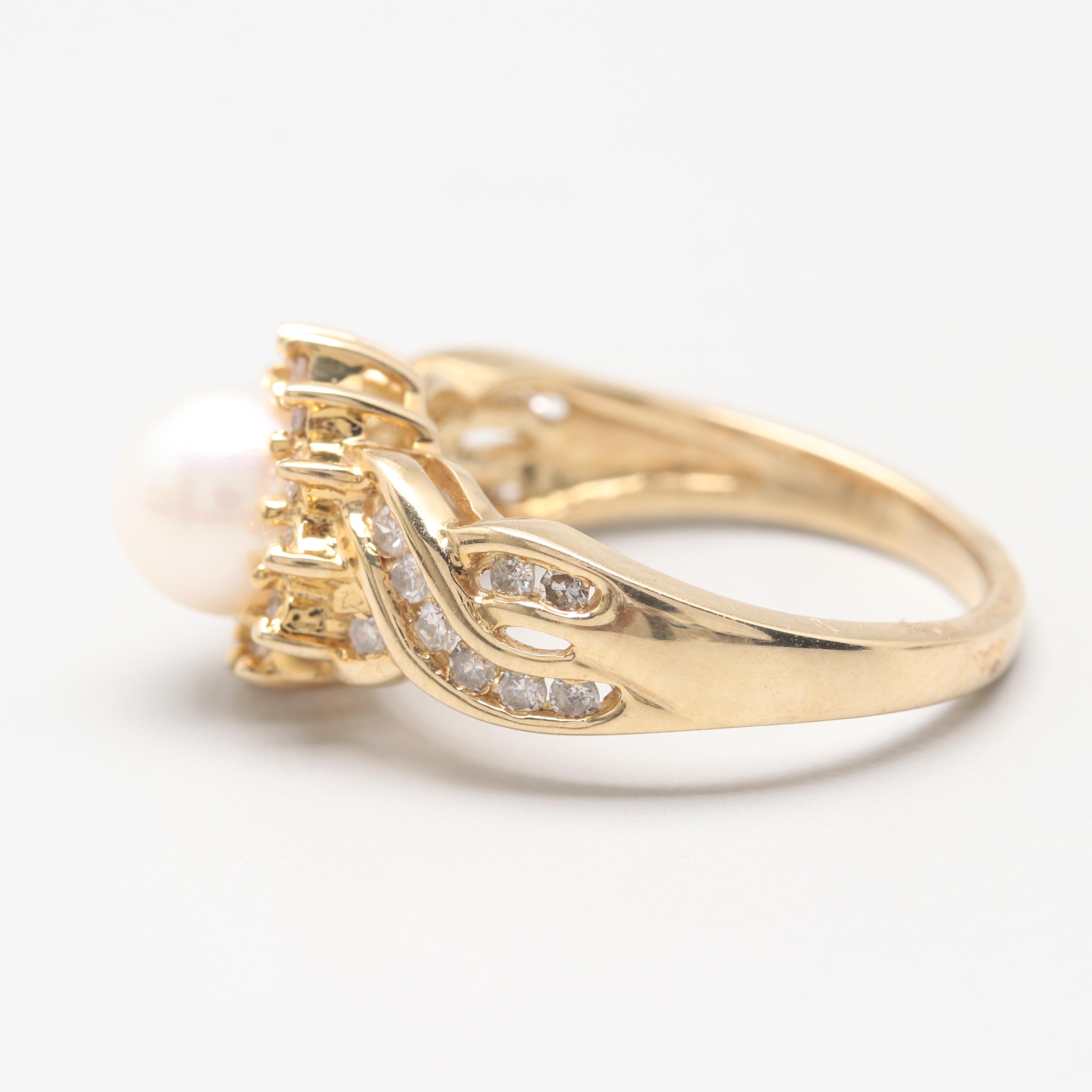 14K Yellow Gold Cultured Pearl and Diamond Ring