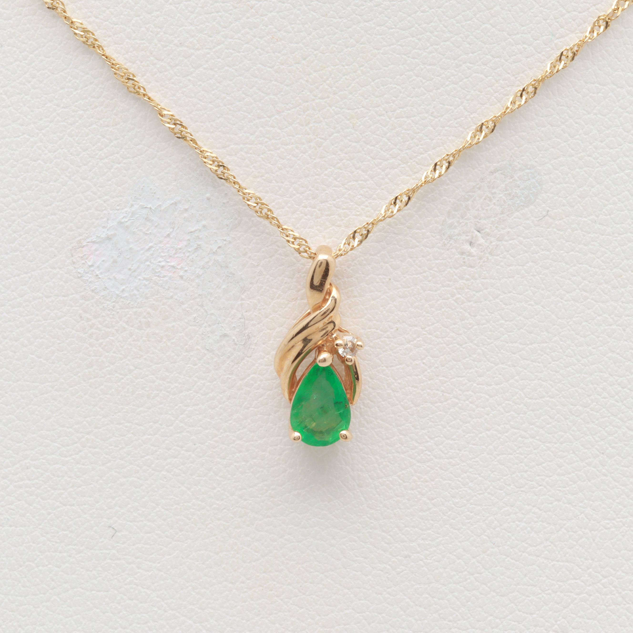 14K Yellow Gold Emerald and Diamond Necklace