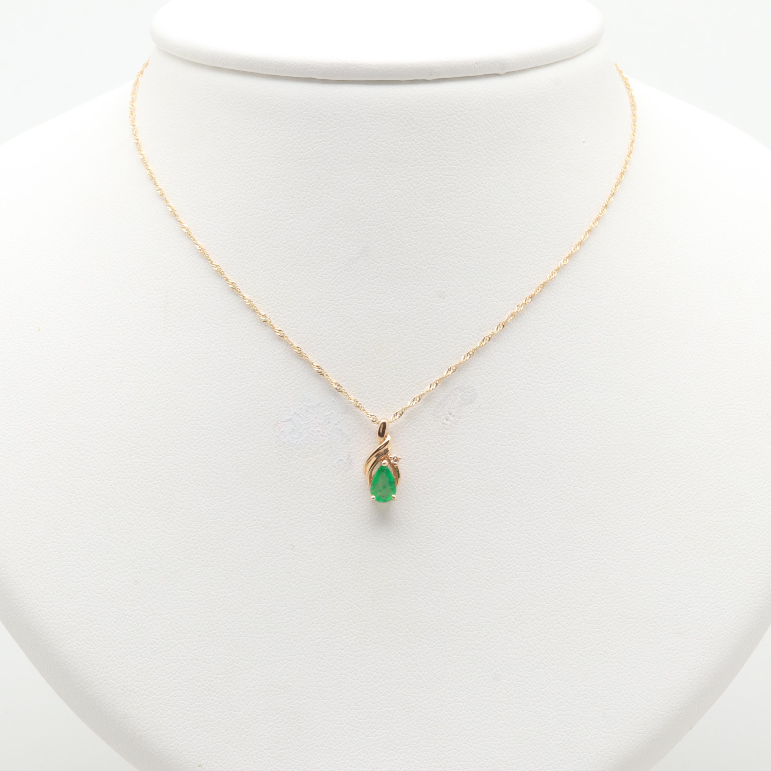 14K Yellow Gold Emerald and Diamond Necklace