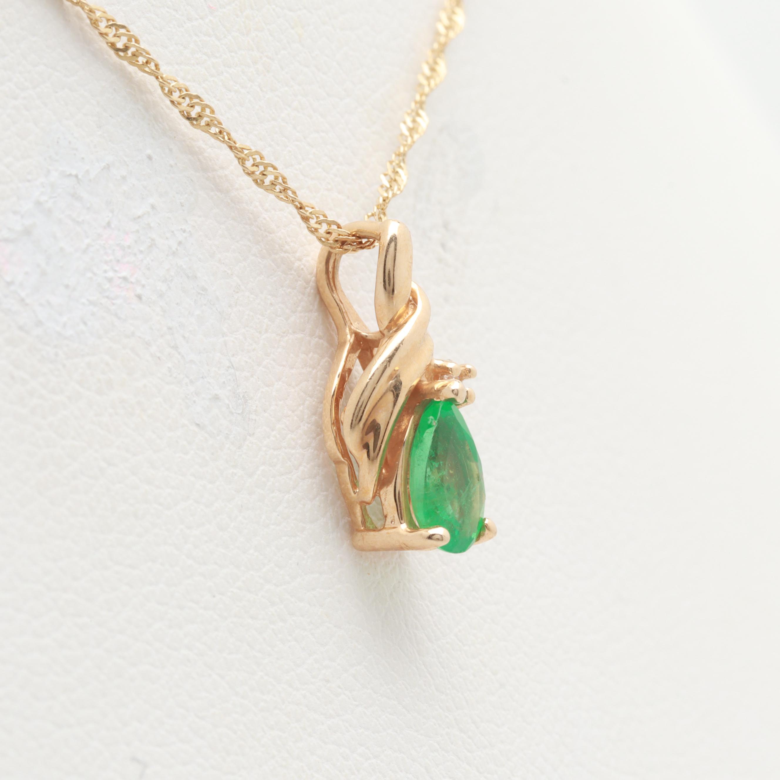 14K Yellow Gold Emerald and Diamond Necklace