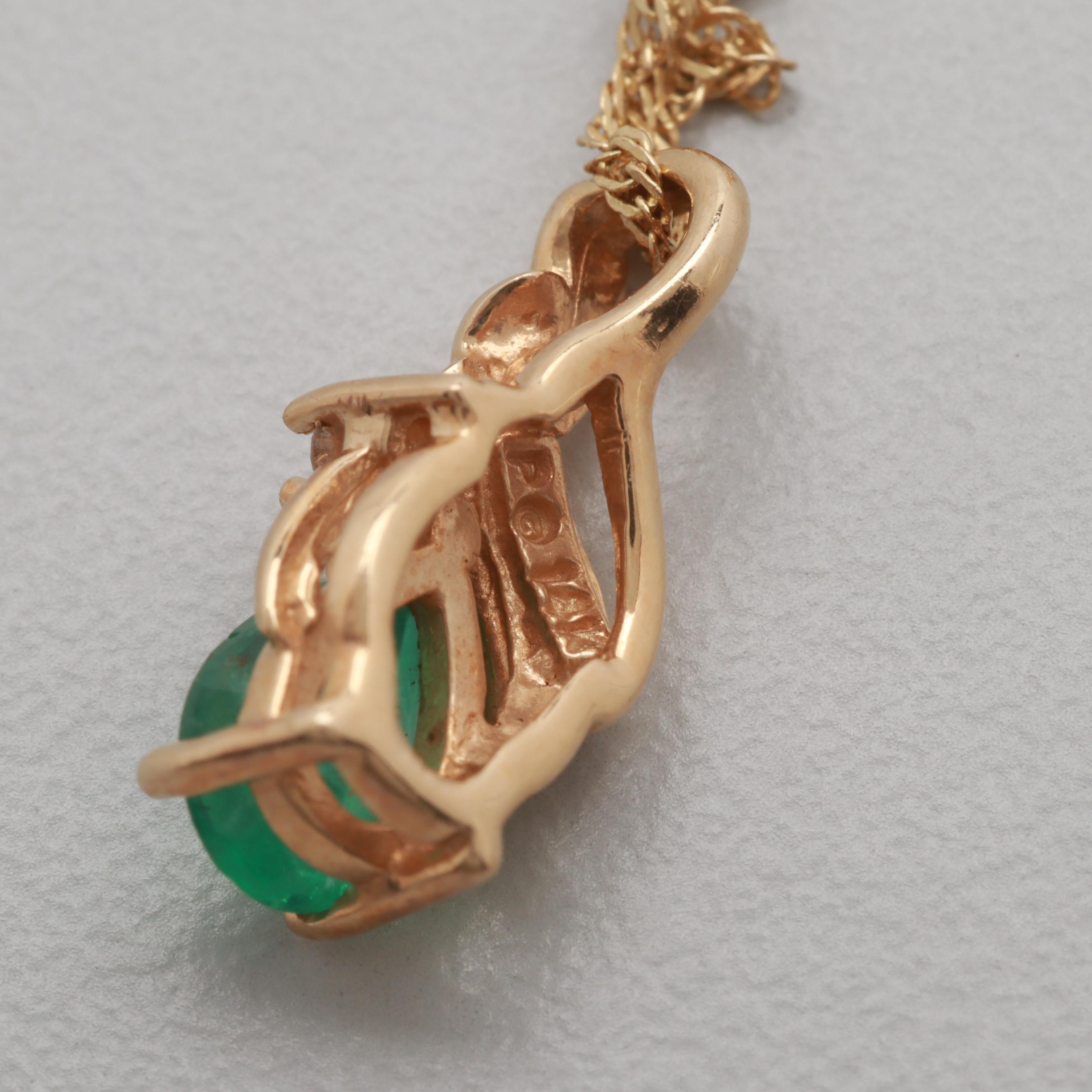 14K Yellow Gold Emerald and Diamond Necklace