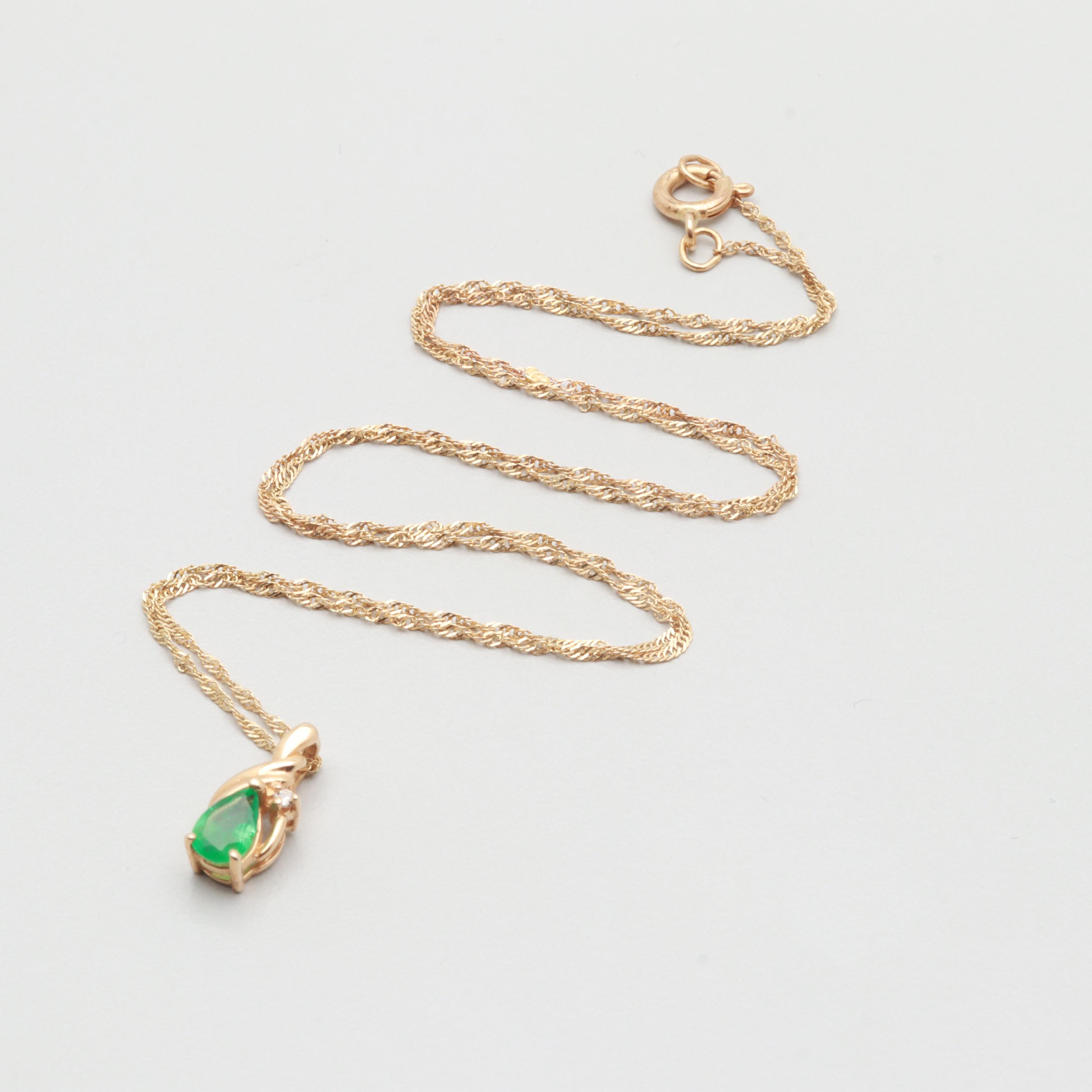 14K Yellow Gold Emerald and Diamond Necklace