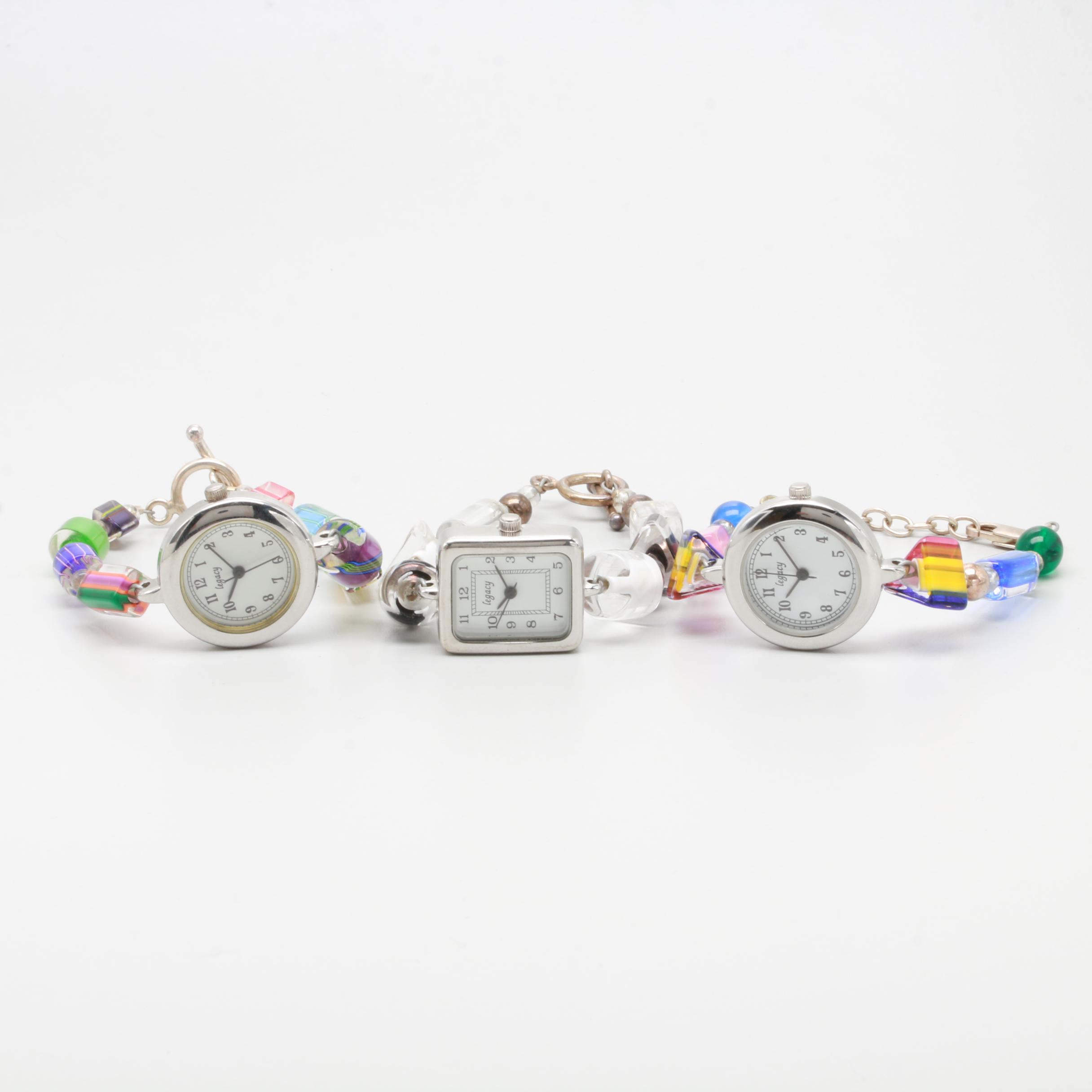 Assorted Legacy Quartz Watches With Glass Bead and Sterling Clasp Bracelets