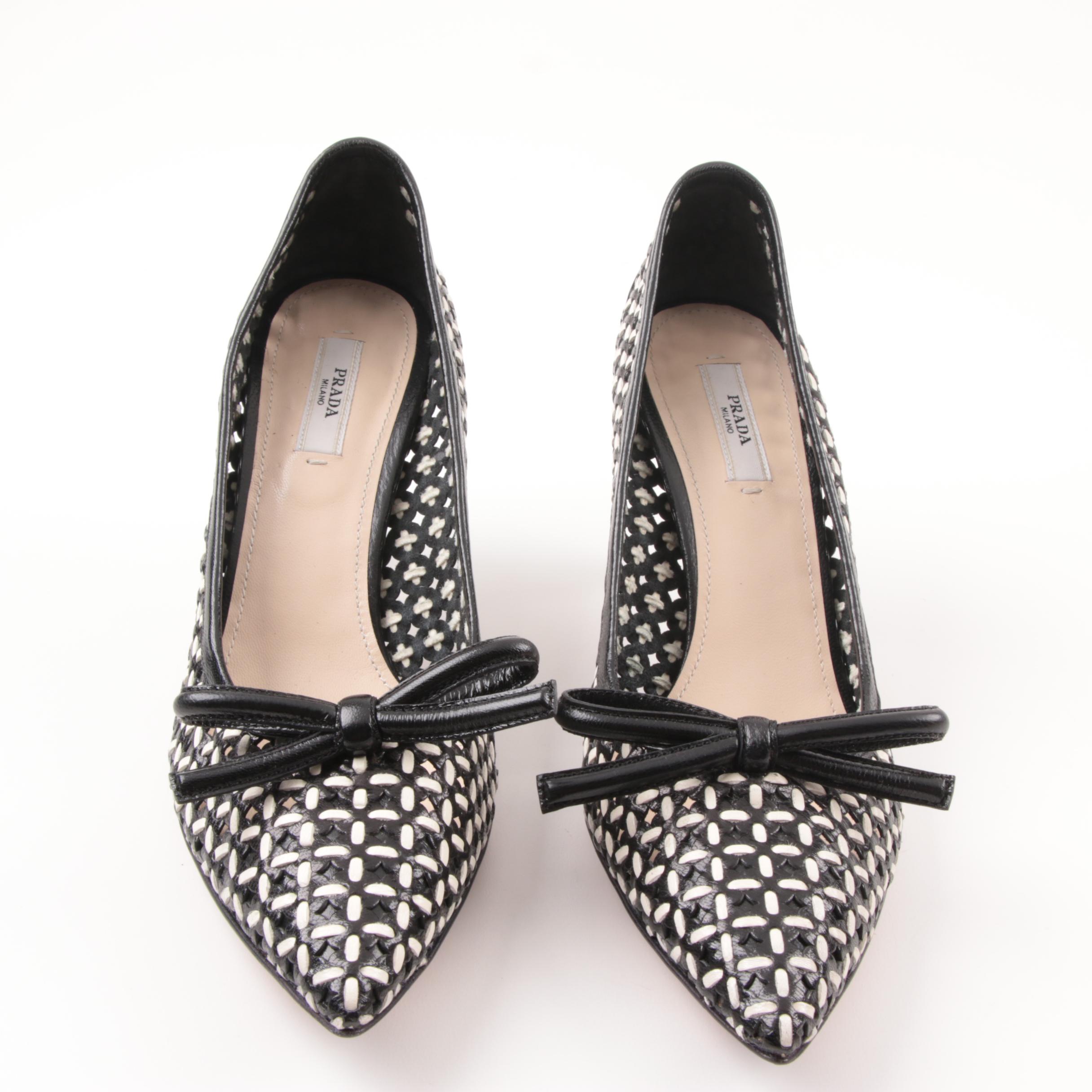 Prada Capretto Black and White Woven Pumps, Made in Italy
