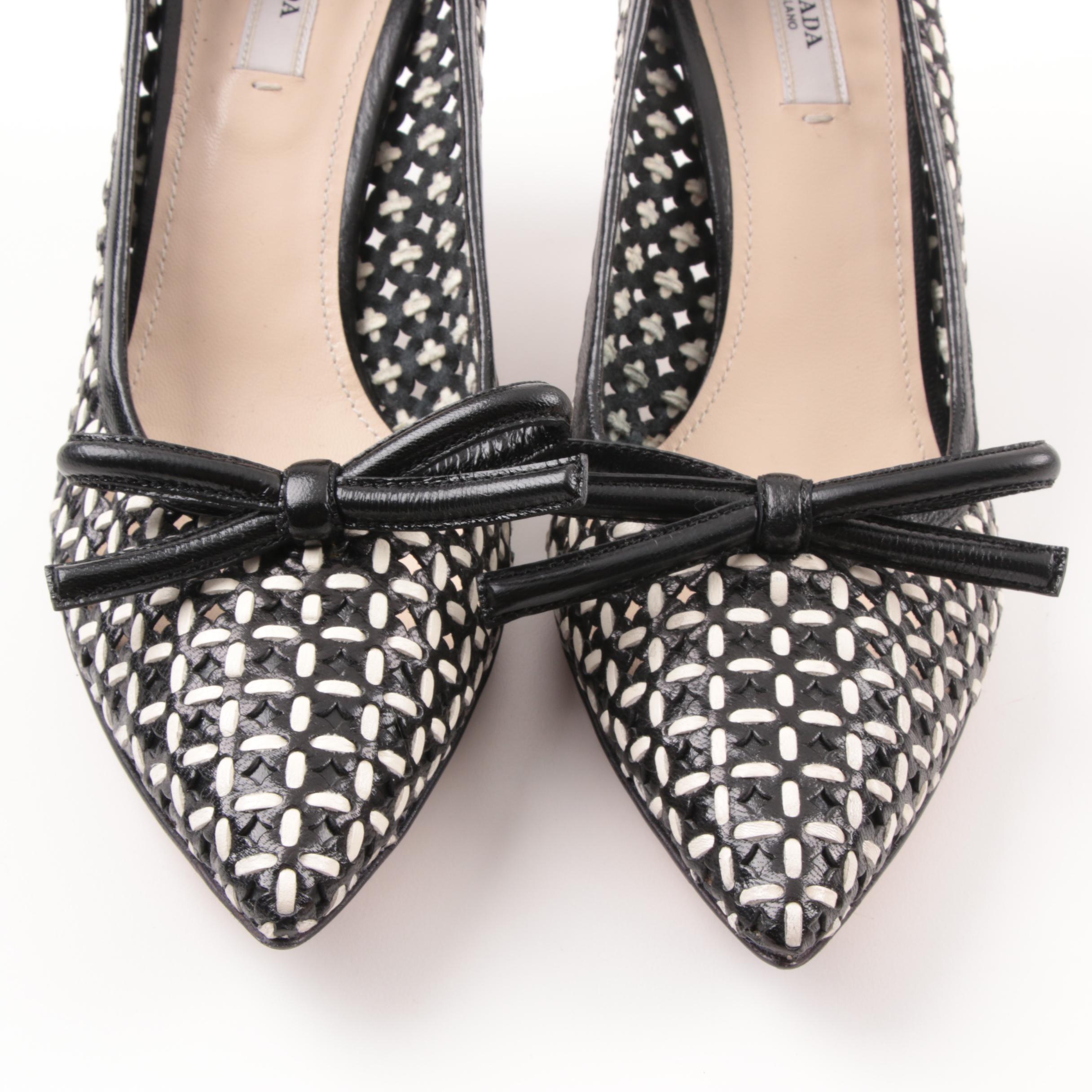Prada Capretto Black and White Woven Pumps, Made in Italy