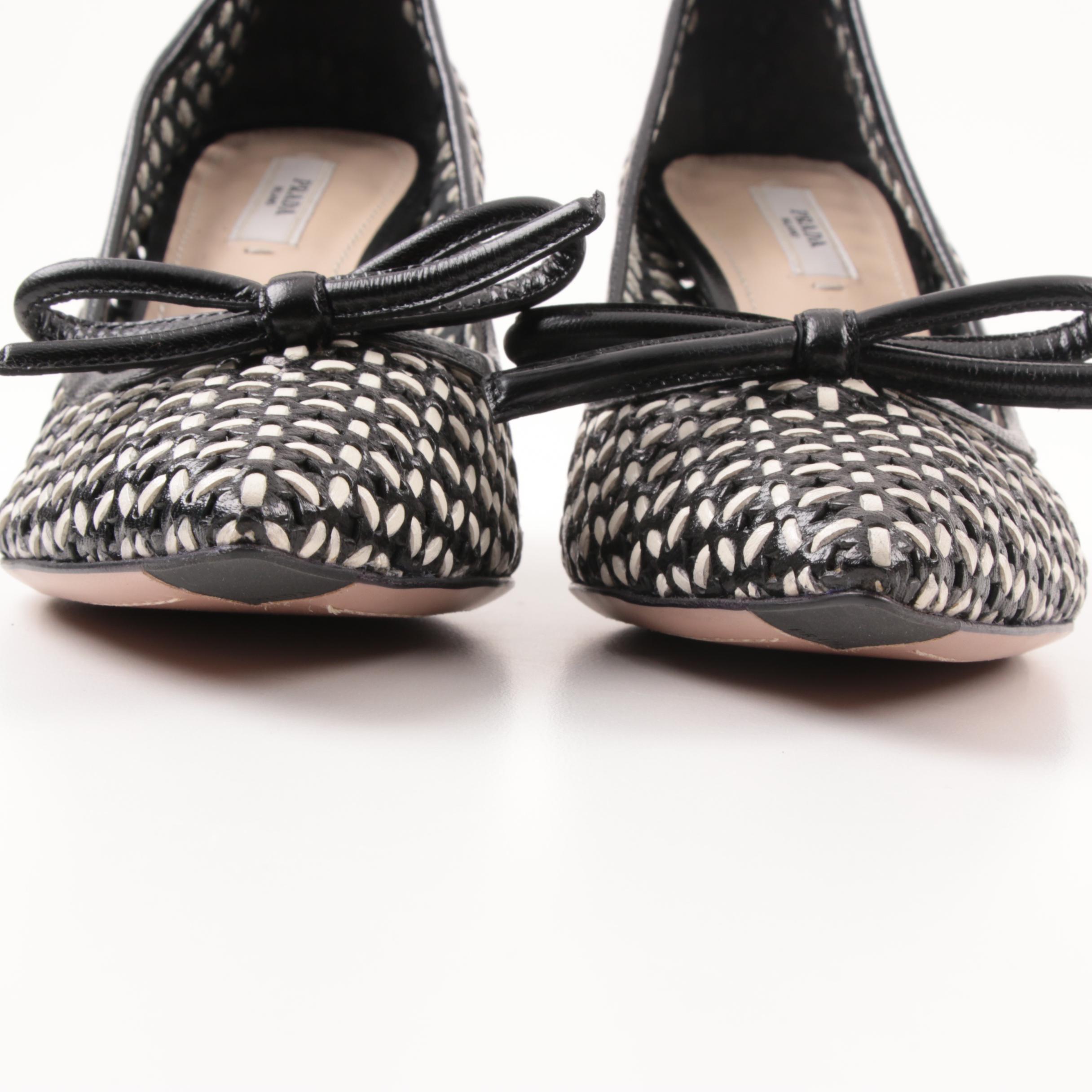 Prada Capretto Black and White Woven Pumps, Made in Italy