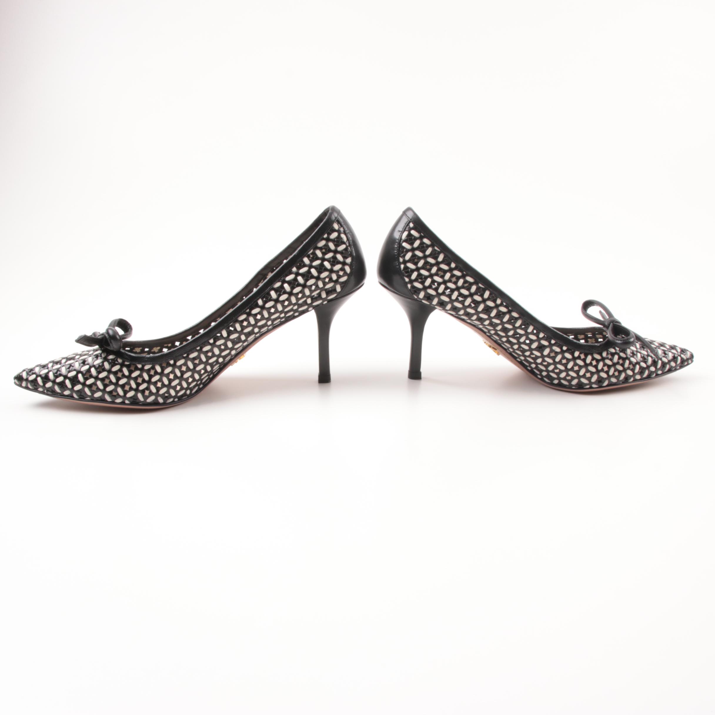 Prada Capretto Black and White Woven Pumps, Made in Italy