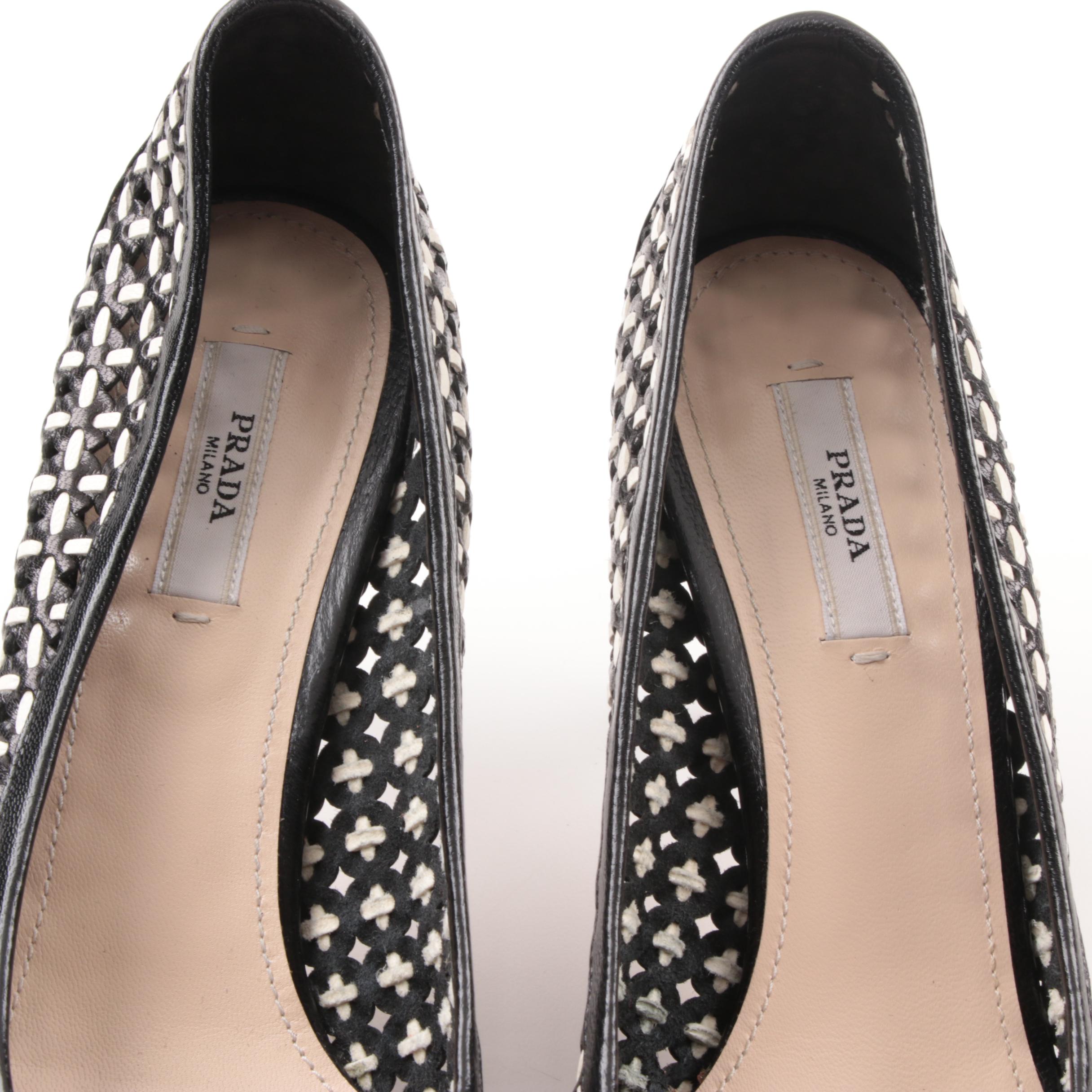 Prada Capretto Black and White Woven Pumps, Made in Italy