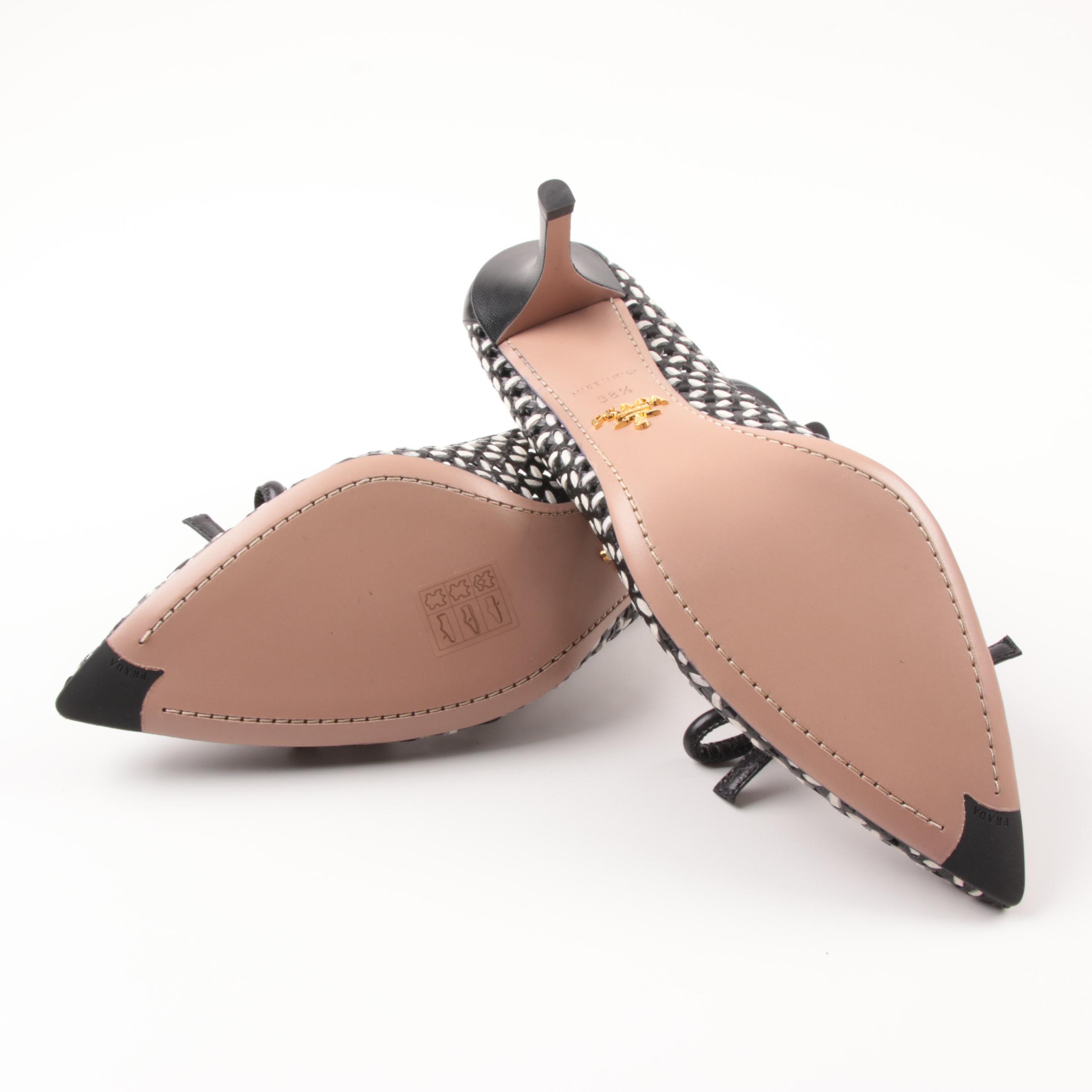 Prada Capretto Black and White Woven Pumps, Made in Italy
