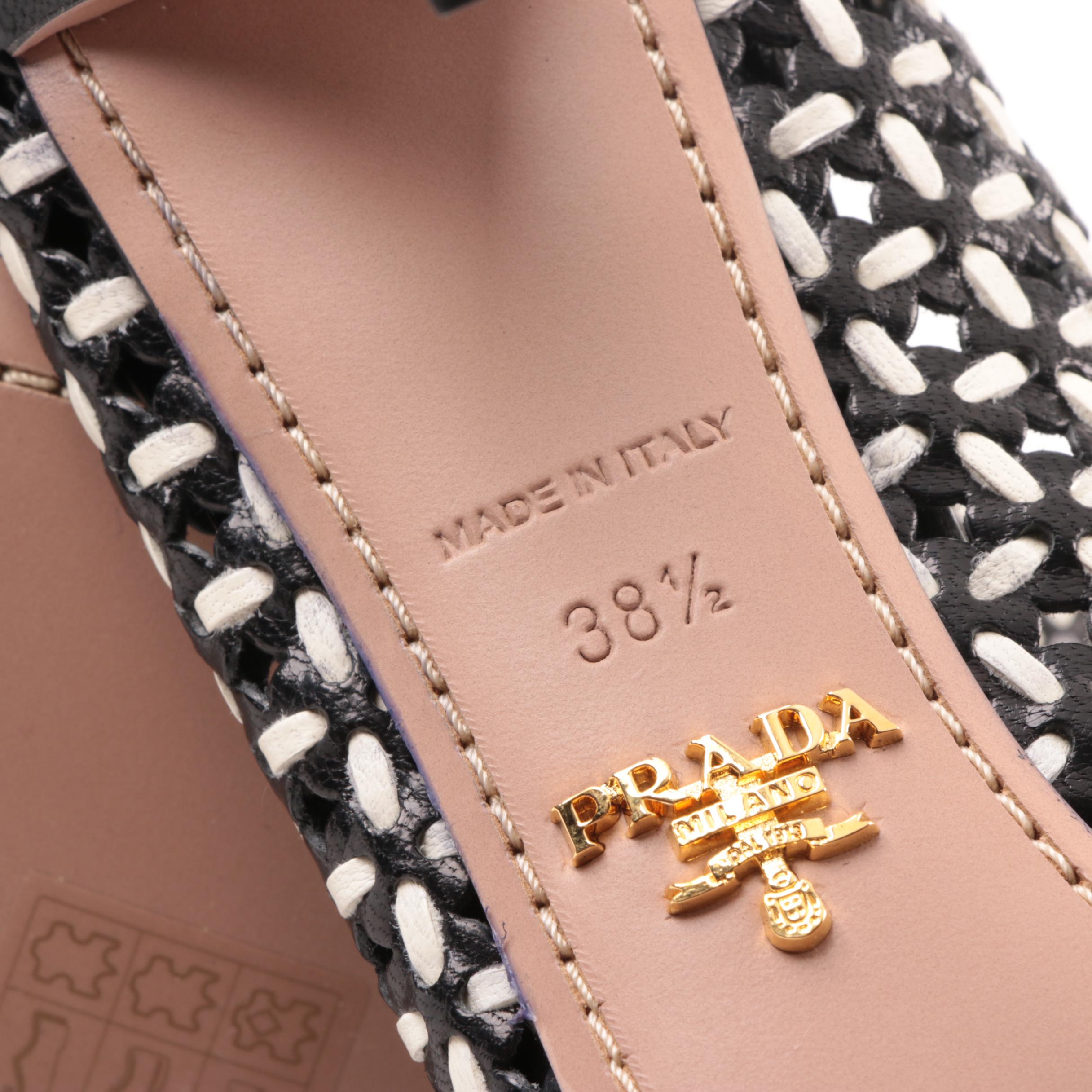 Prada Capretto Black and White Woven Pumps, Made in Italy