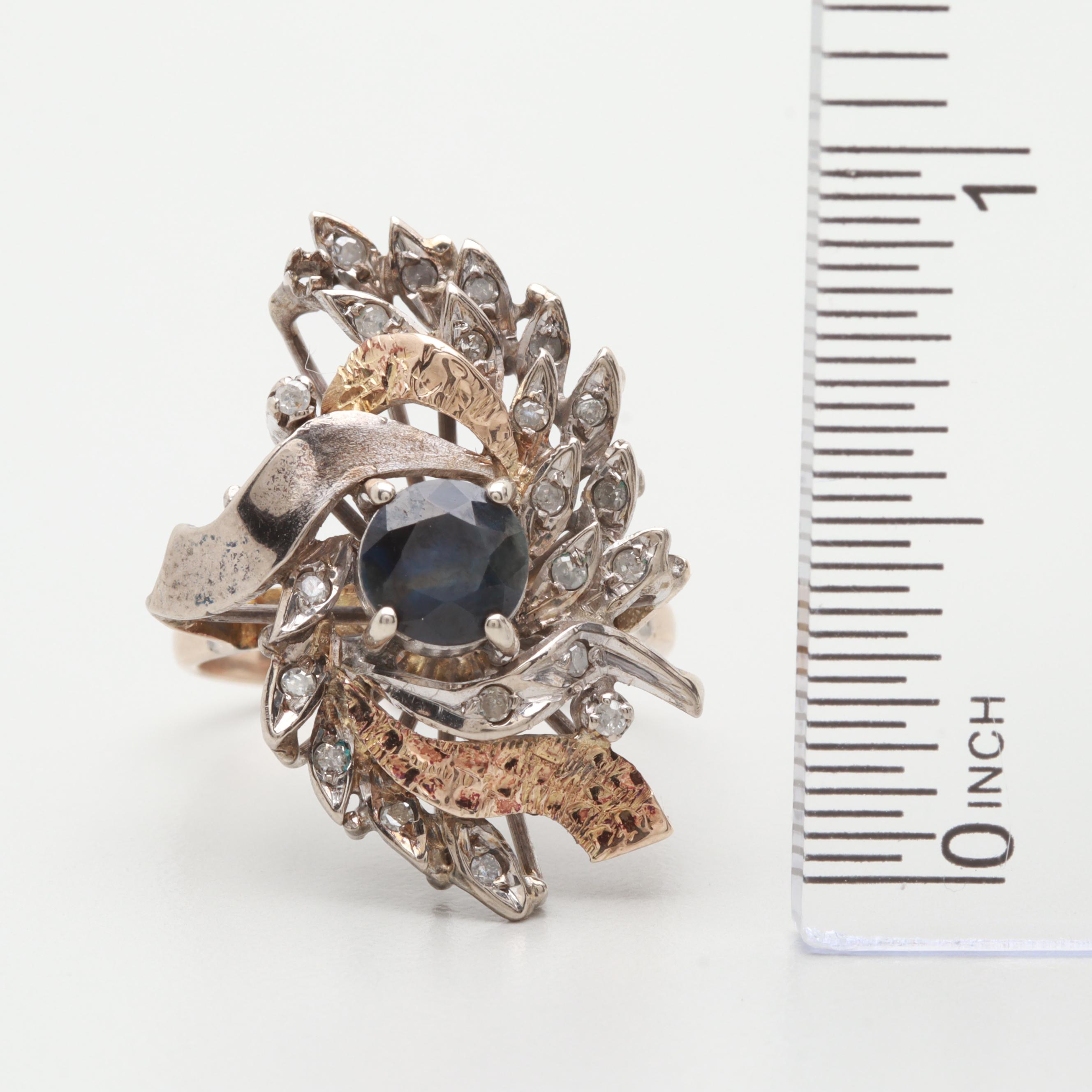 Silver Tone and 9K Rose Gold Sapphire and Diamond Ring