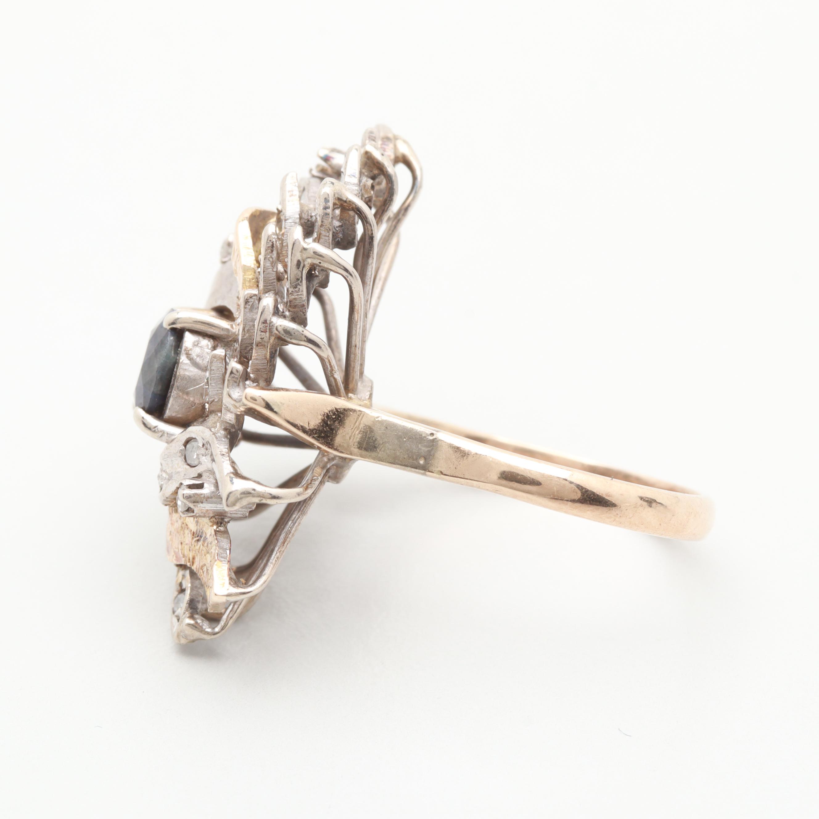 Silver Tone and 9K Rose Gold Sapphire and Diamond Ring