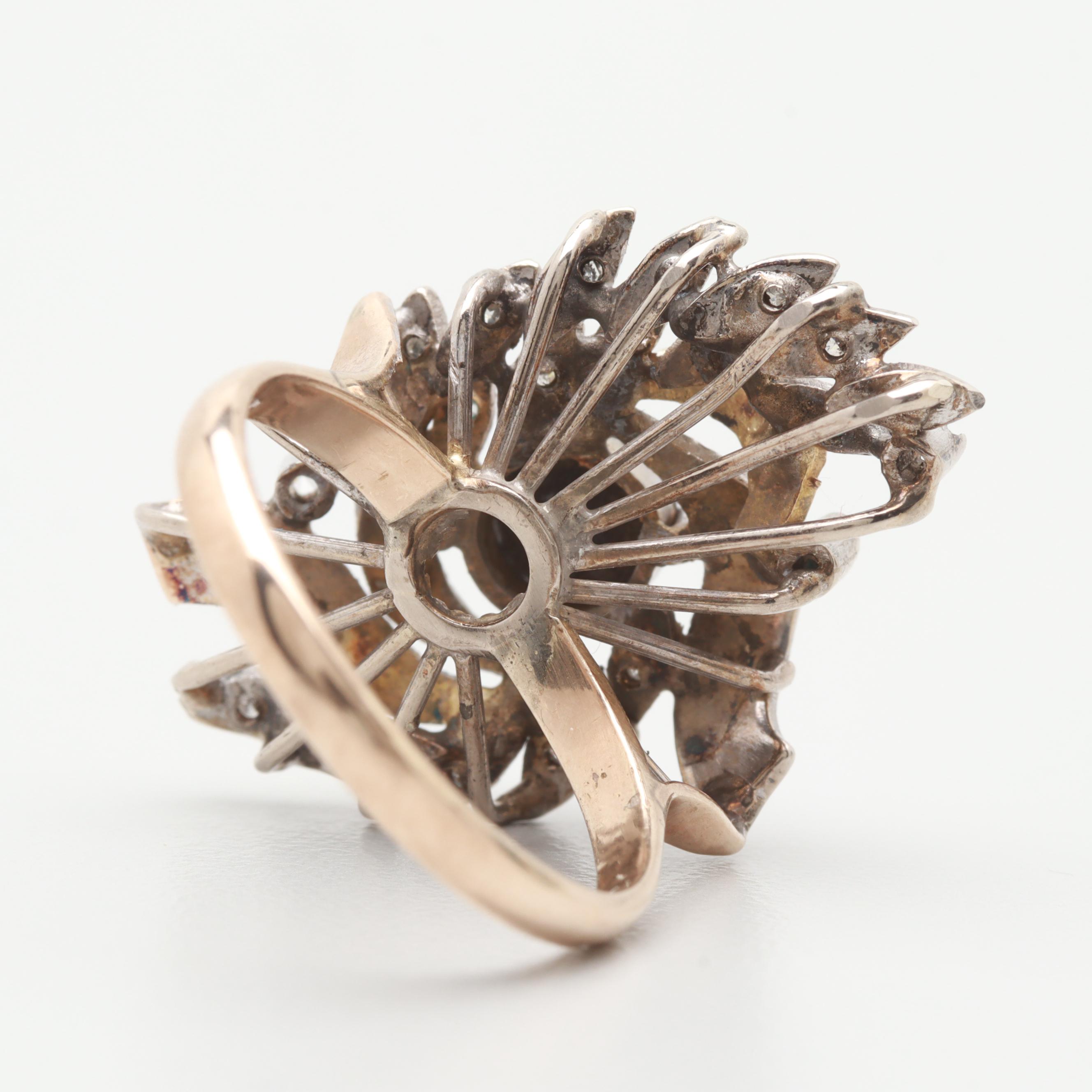 Silver Tone and 9K Rose Gold Sapphire and Diamond Ring