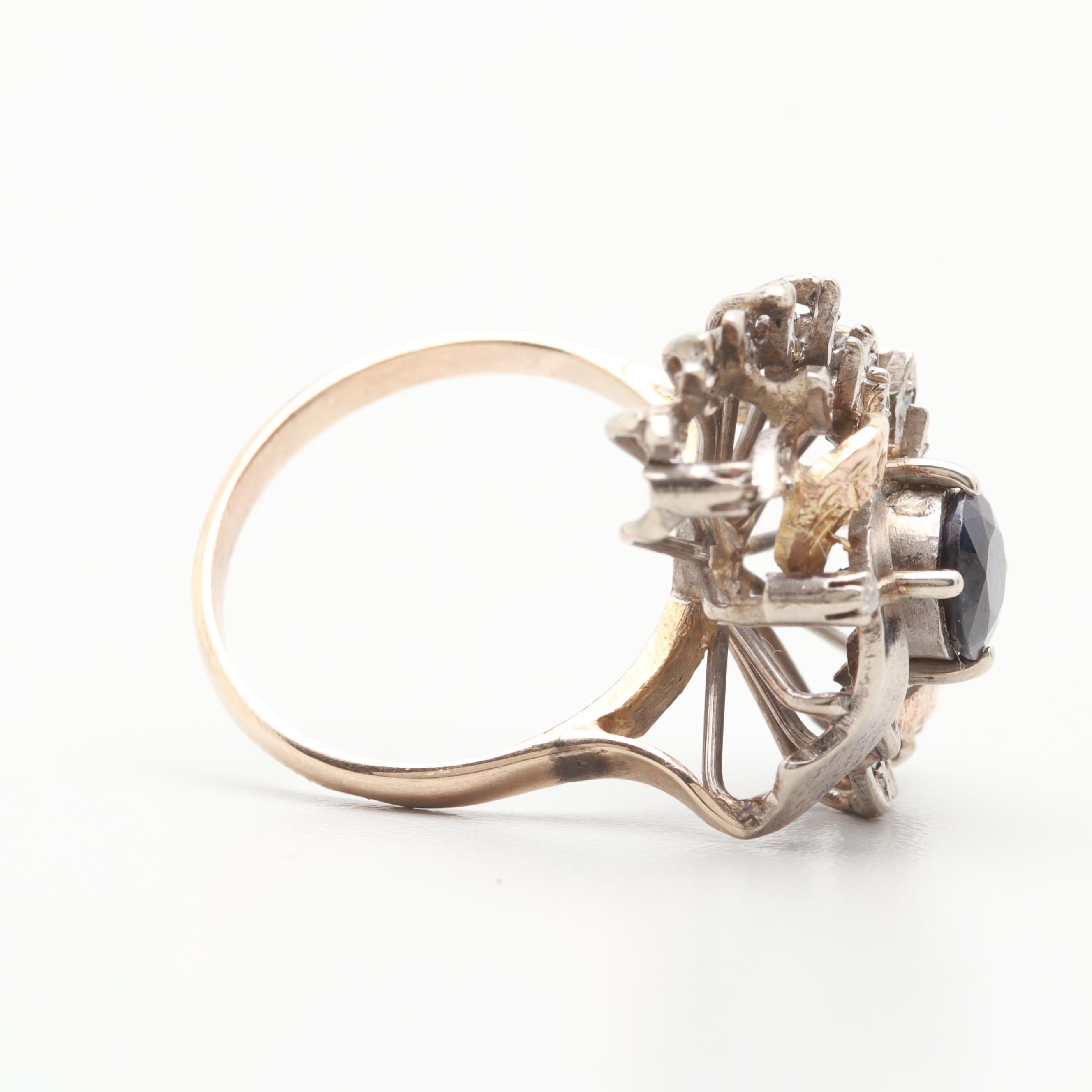 Silver Tone and 9K Rose Gold Sapphire and Diamond Ring