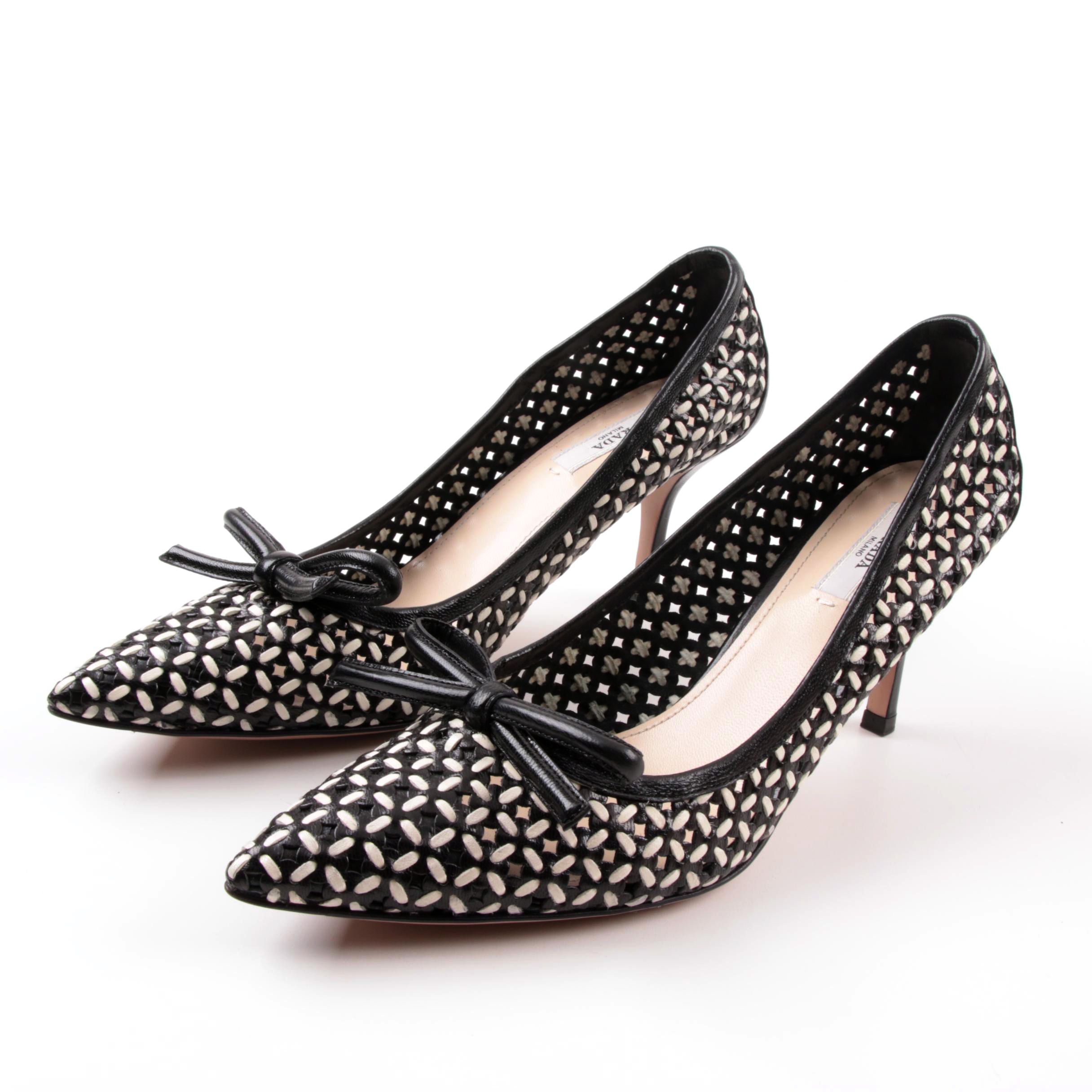 Prada Capretto Black and White Woven Pumps, Made in Italy