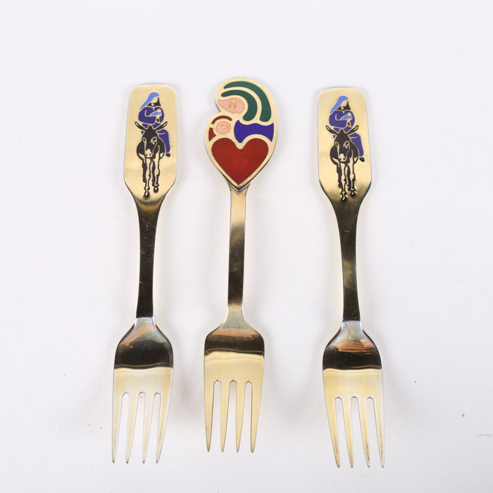 Anton Michelsen Danish Enameled Sterling Silver Christmas Forks, Late 1960s