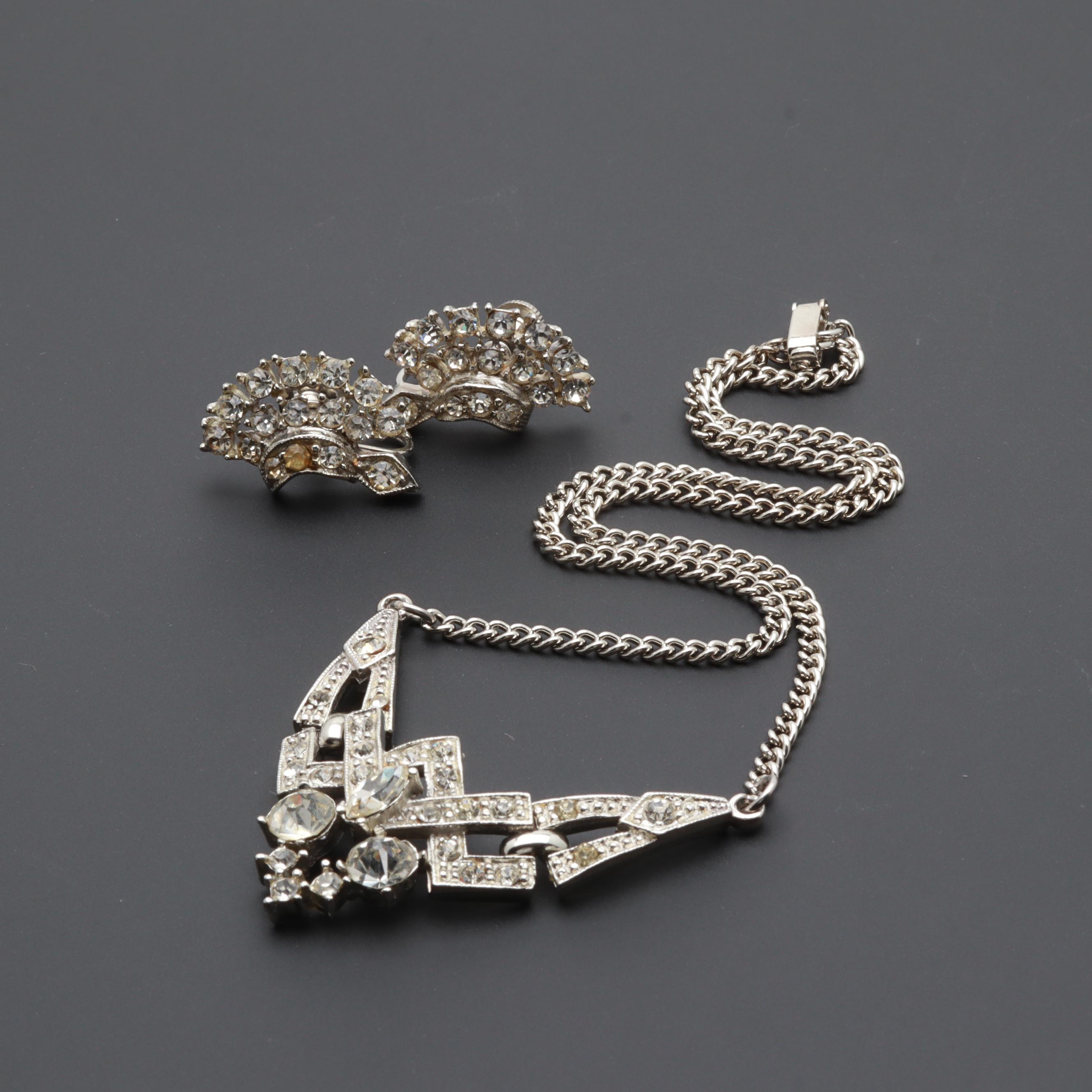 Silver Tone Foilback Glass Earrings and Necklace