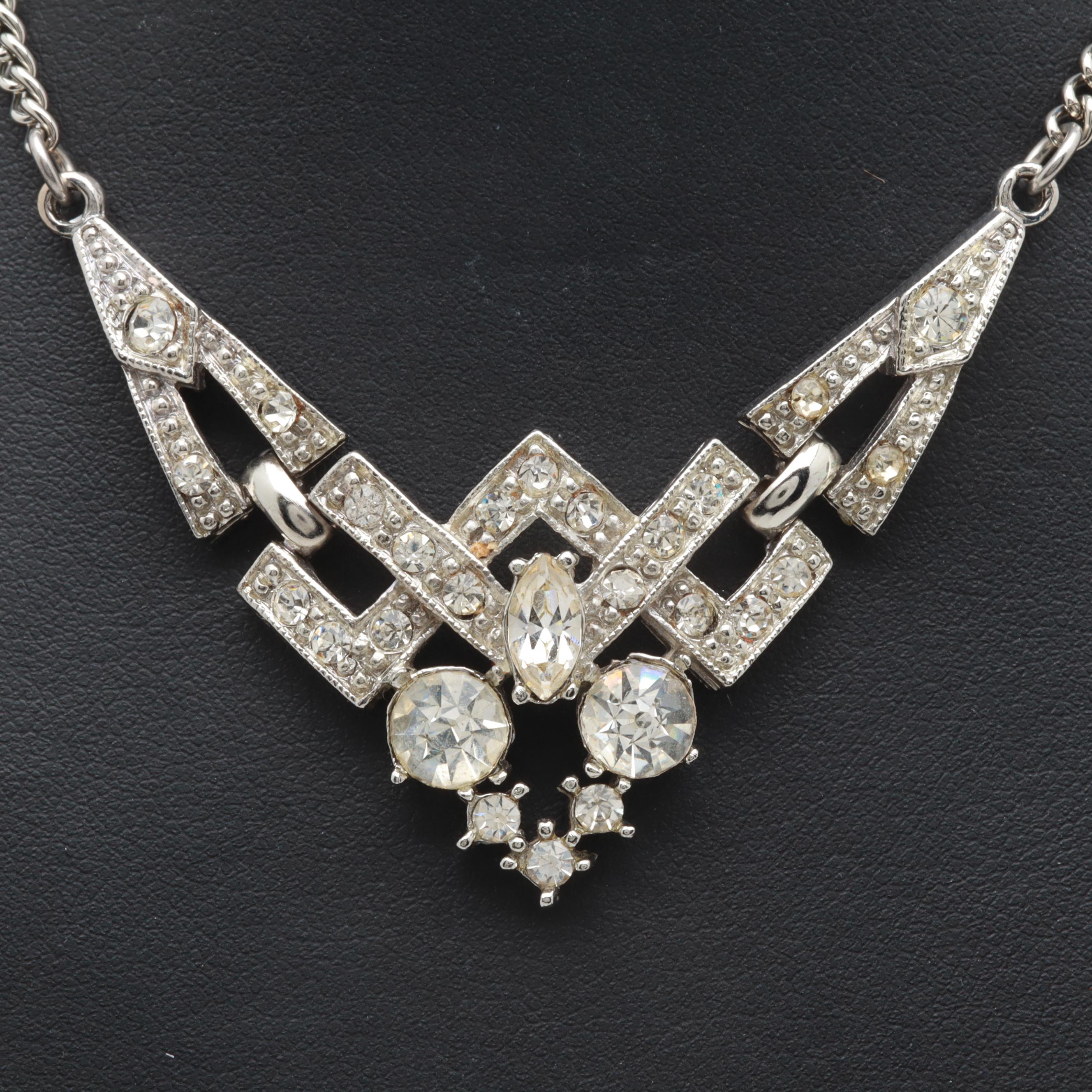 Silver Tone Foilback Glass Earrings and Necklace