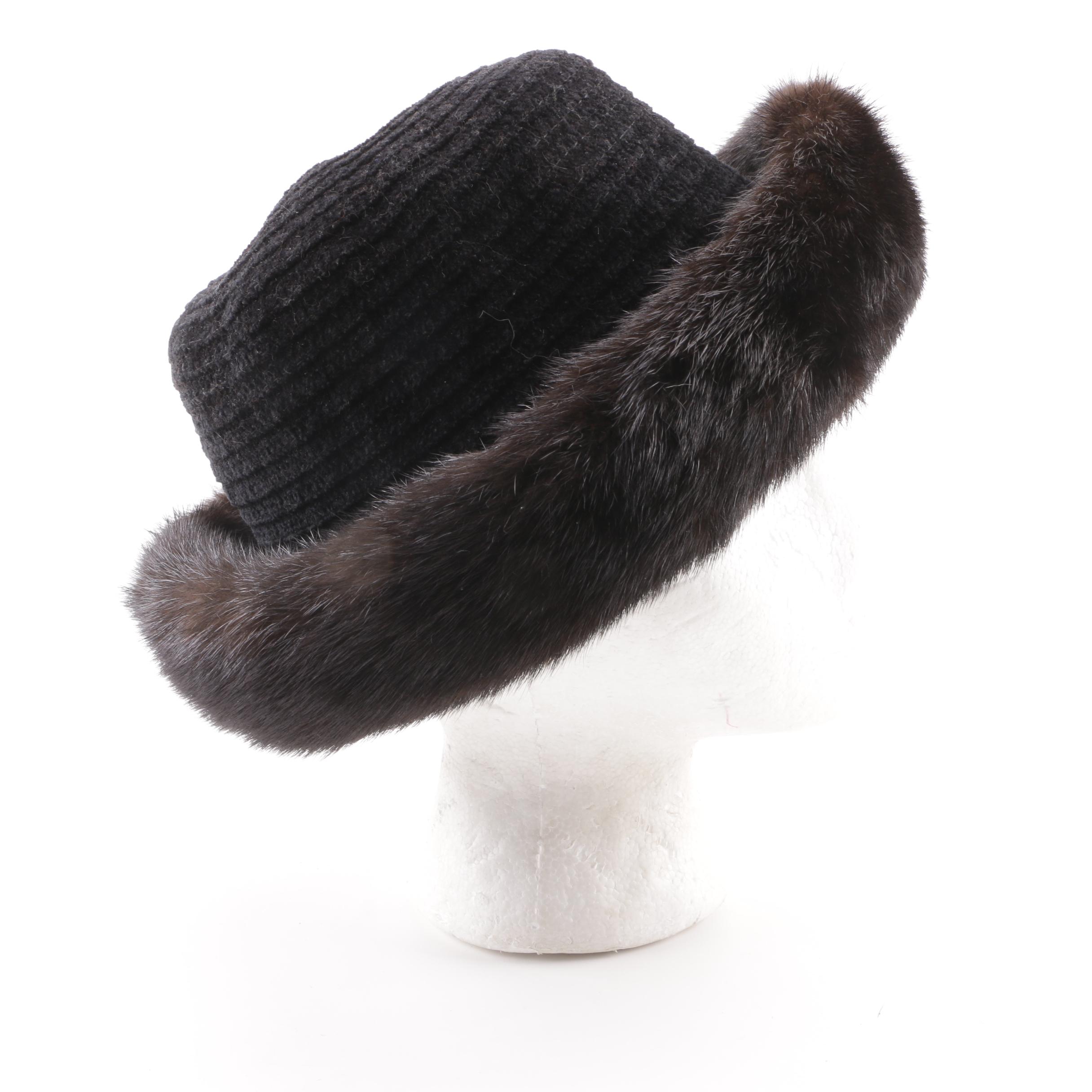 Women's Vintage Mink Fur Hat and Black Chenille Hat Trimmed in Mink Fur